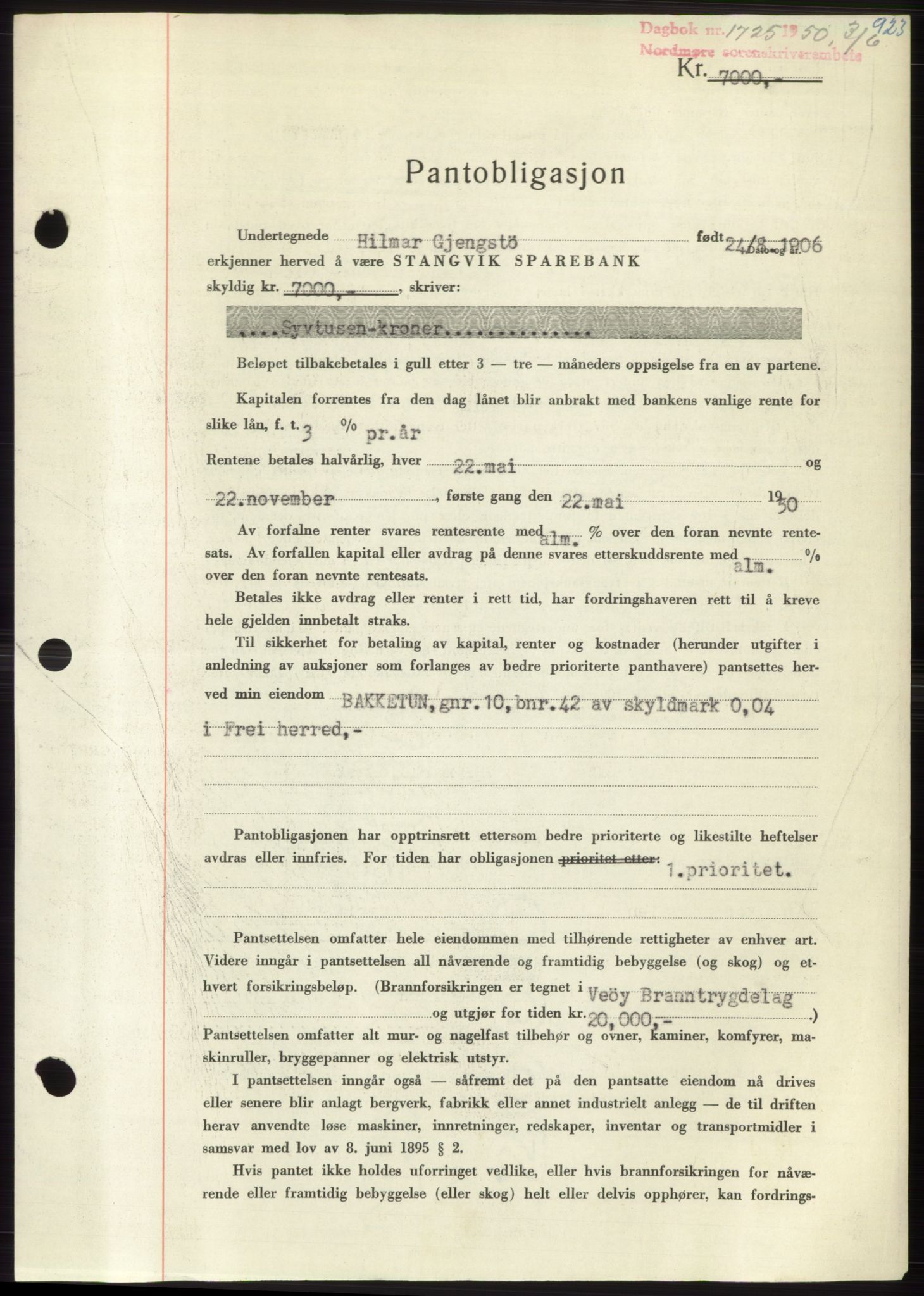 Nordmøre sorenskriveri, AV/SAT-A-4132/1/2/2Ca: Mortgage book no. B104, 1950-1950, Diary no: : 1725/1950