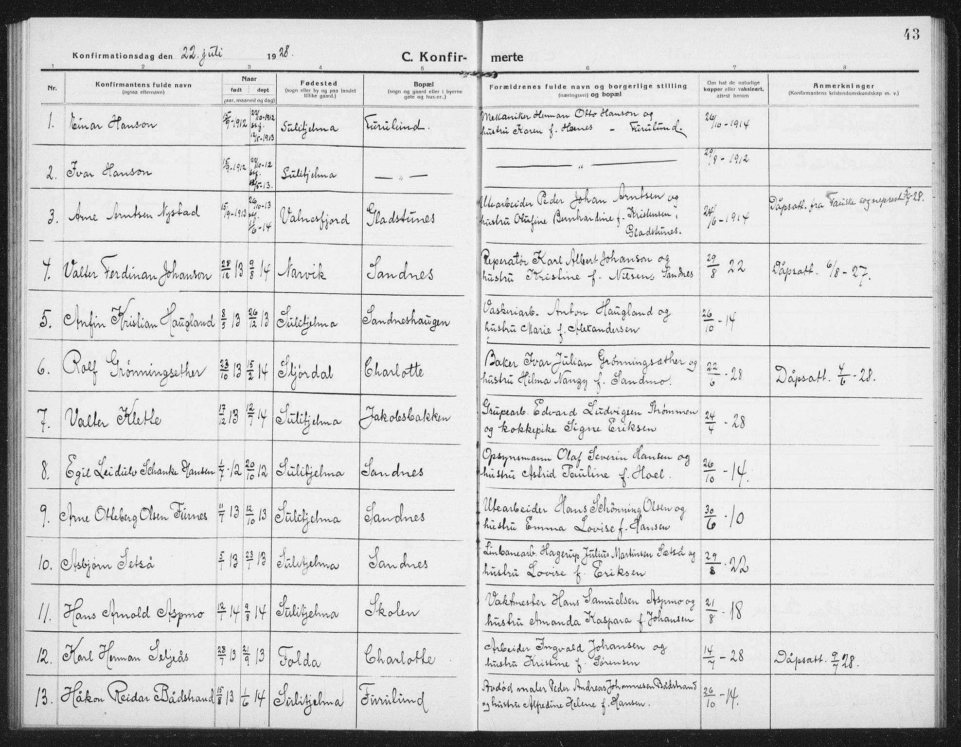 Ministerialprotokoller, klokkerbøker og fødselsregistre - Nordland, SAT/A-1459/850/L0717: Parish register (copy) no. 850C01, 1915-1941, p. 43