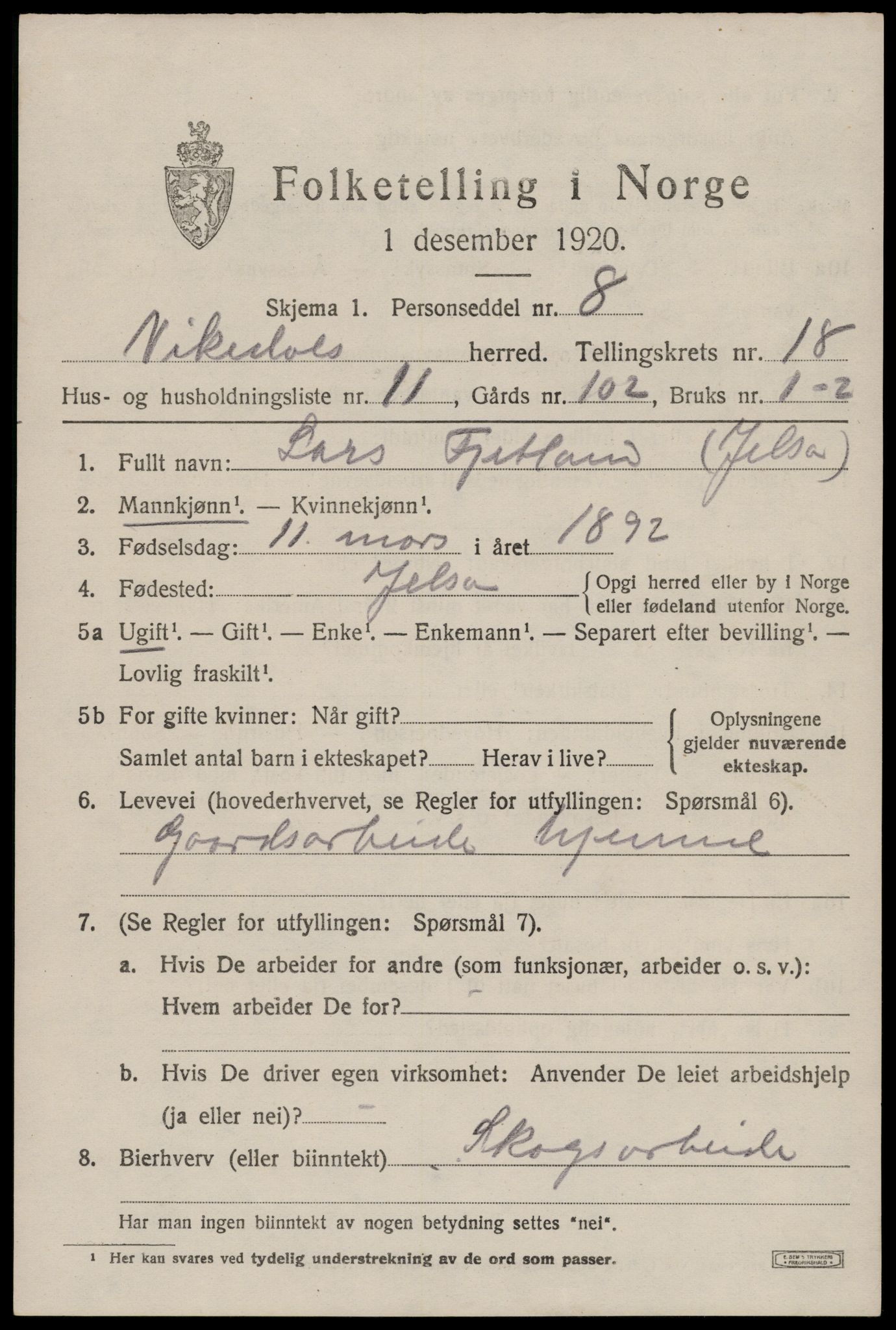 SAST, 1920 census for Vikedal, 1920, p. 5305