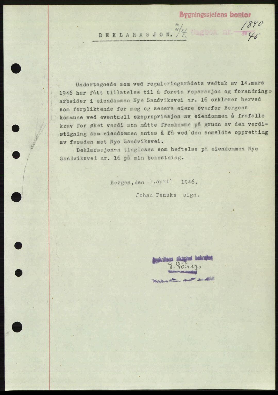 Byfogd og Byskriver i Bergen, SAB/A-3401/03/03Bc/L0022: Mortgage book no. A18, 1946-1946, Diary no: : 1890/1946