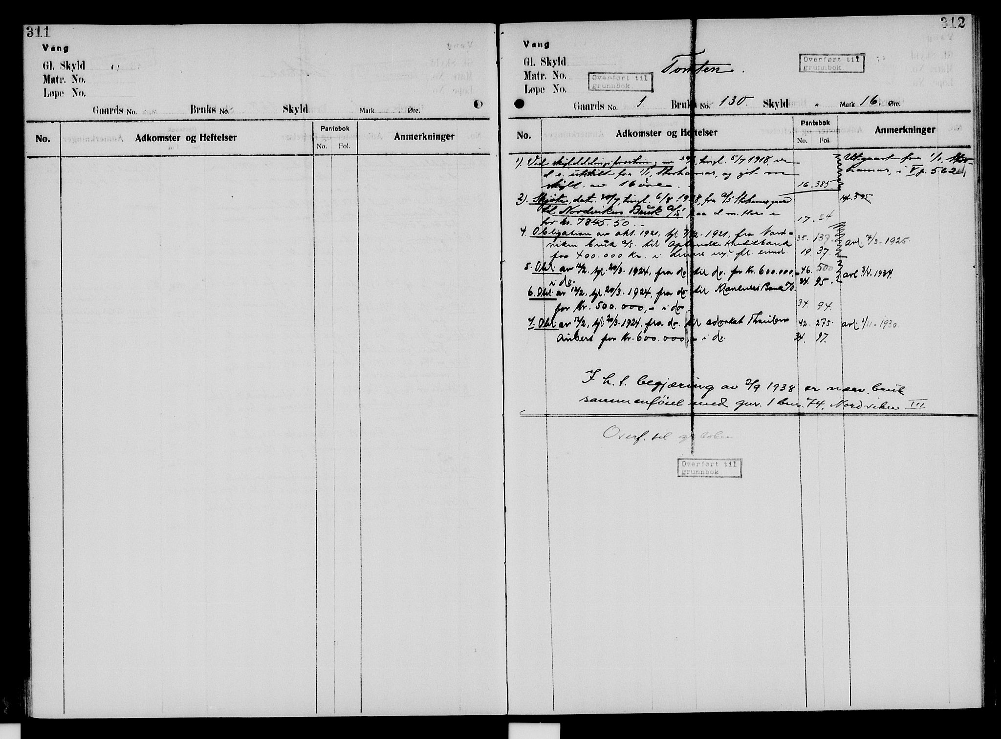 Nord-Hedmark sorenskriveri, SAH/TING-012/H/Ha/Had/Hade/L0005: Mortgage register no. 4.5, 1916-1940, p. 311-312