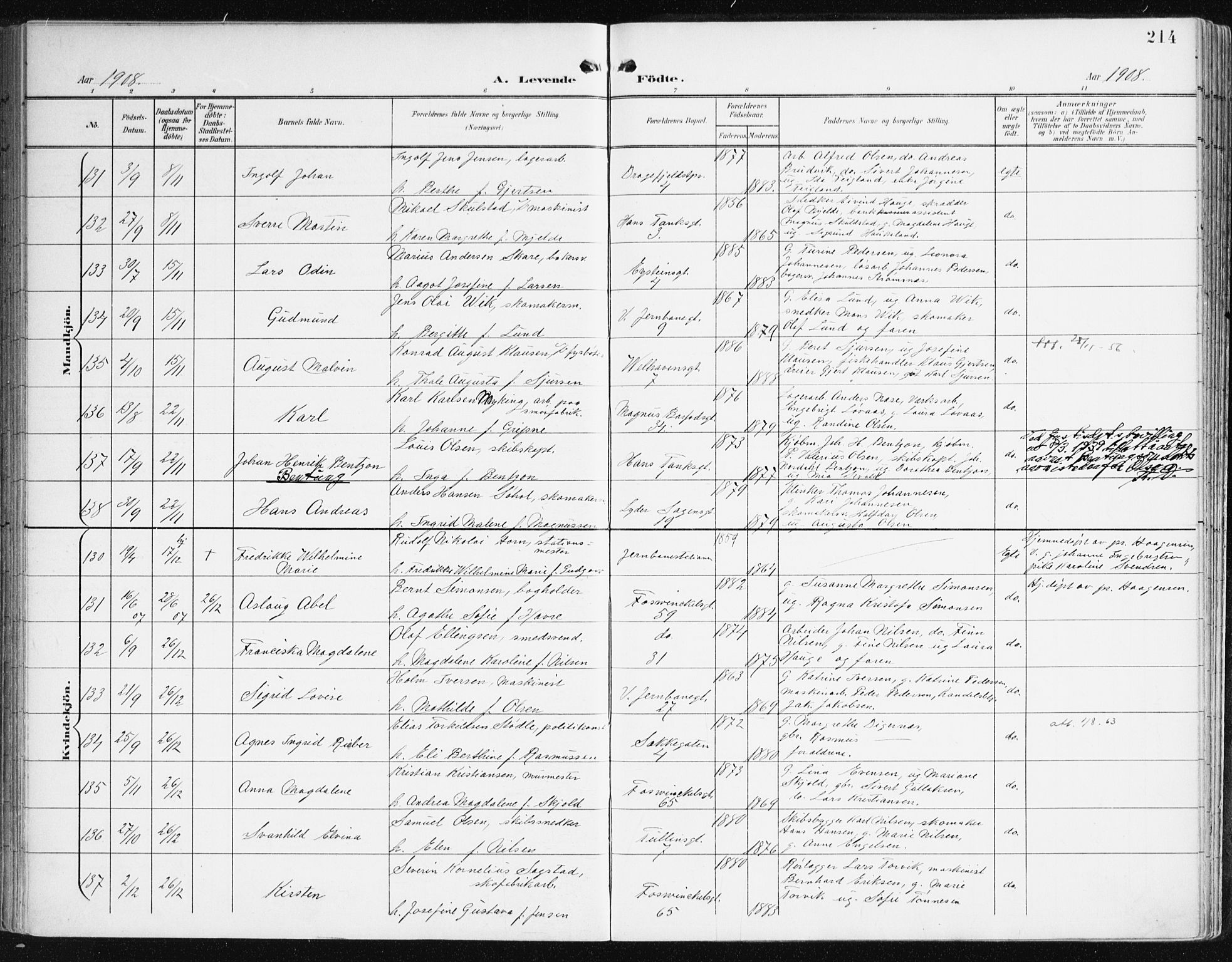 Johanneskirken sokneprestembete, AV/SAB-A-76001/H/Haa/L0002: Parish register (official) no. A 2, 1900-1912, p. 214