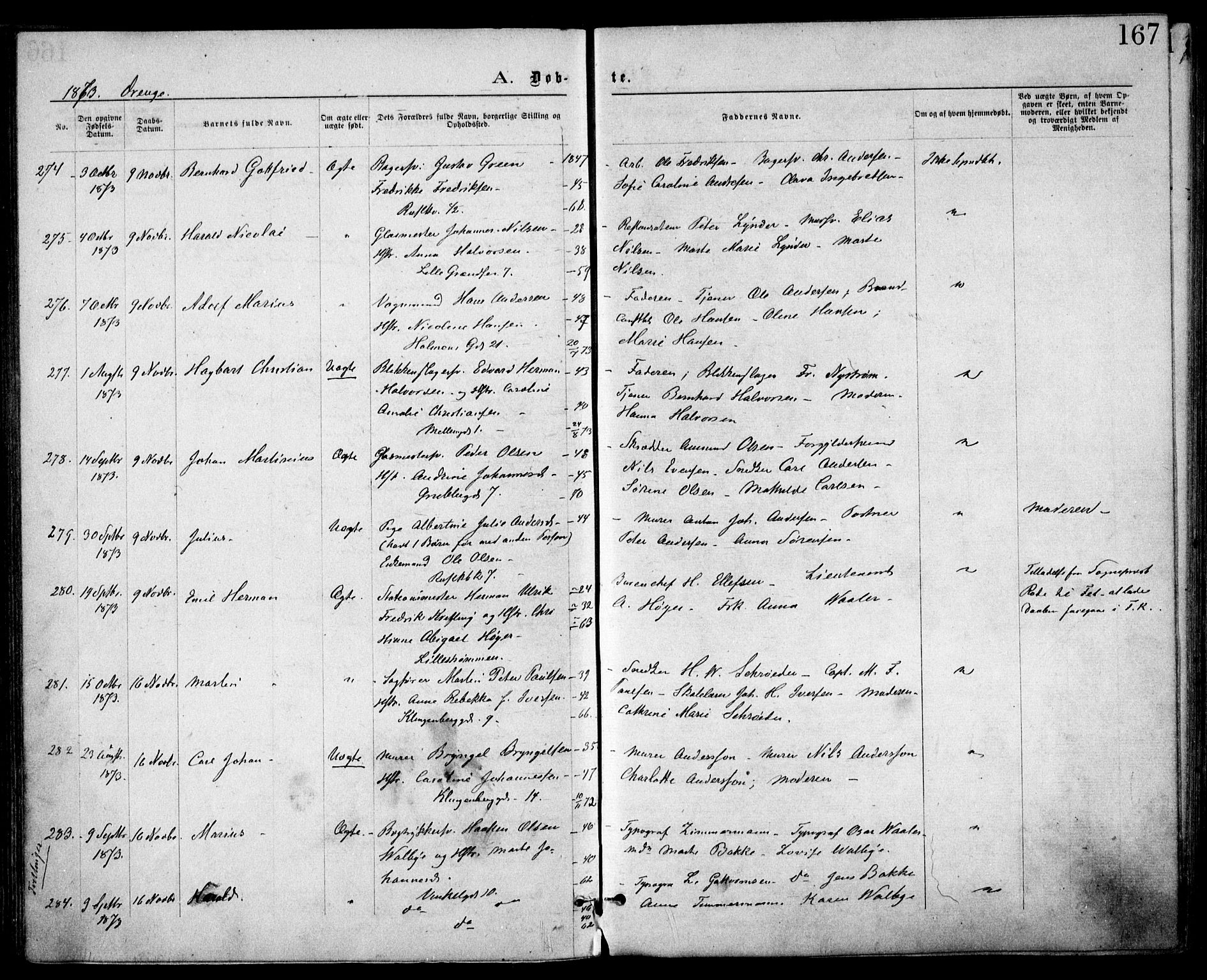 Trefoldighet prestekontor Kirkebøker, AV/SAO-A-10882/F/Fa/L0003: Parish register (official) no. I 3, 1870-1876, p. 167