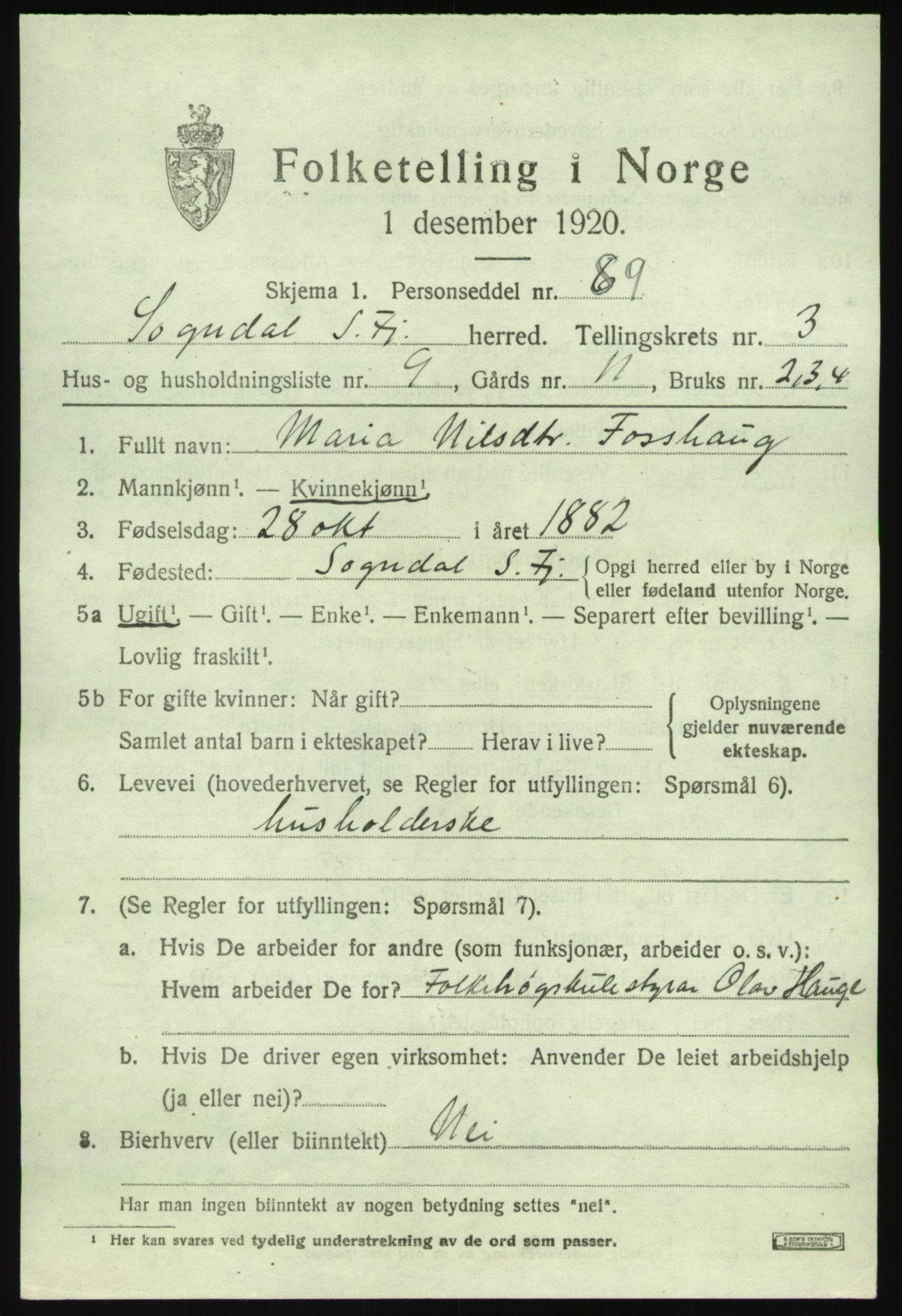 SAB, 1920 census for Sogndal, 1920, p. 2377