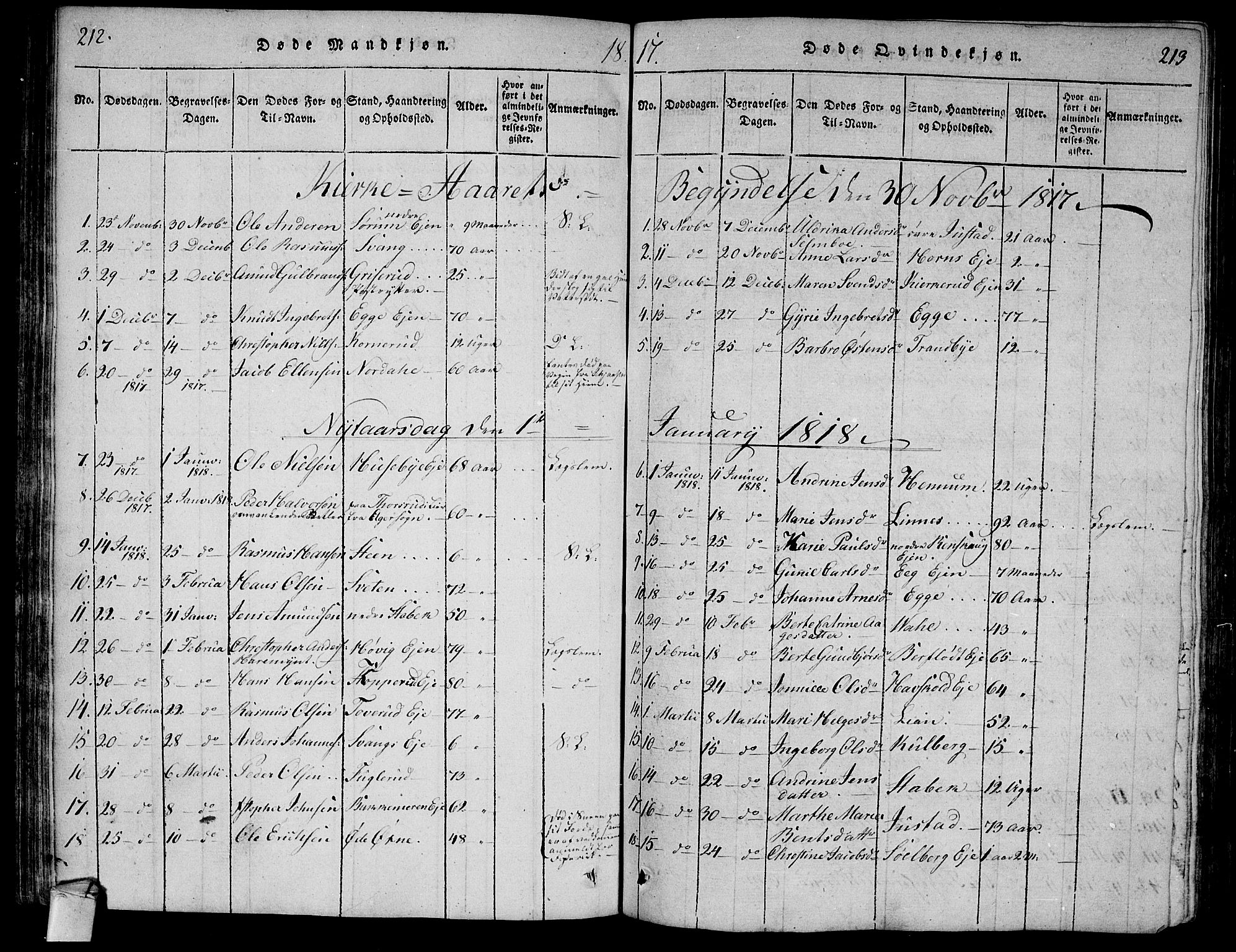 Lier kirkebøker, SAKO/A-230/F/Fa/L0008: Parish register (official) no. I 8, 1813-1825, p. 212-213