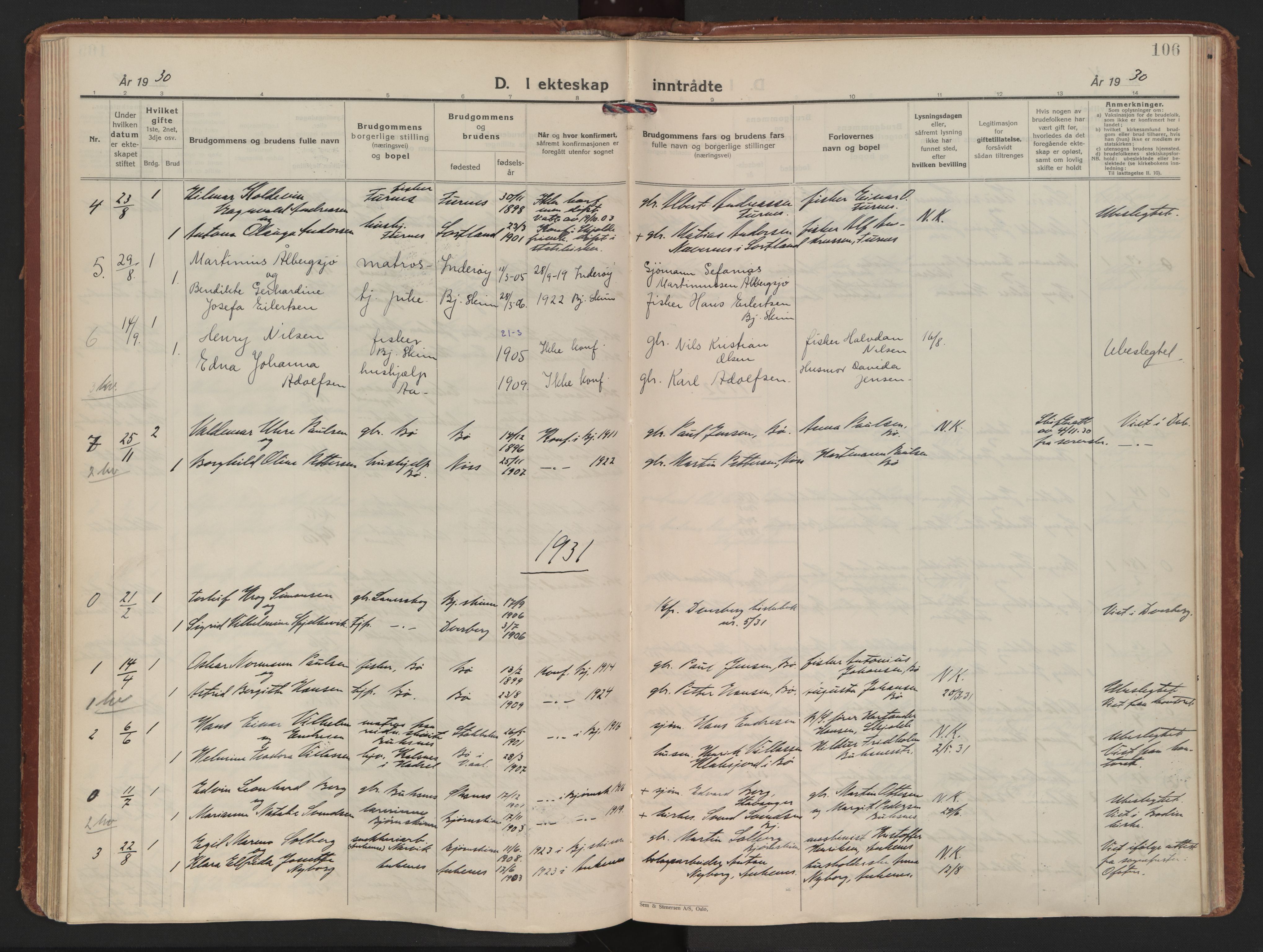 Ministerialprotokoller, klokkerbøker og fødselsregistre - Nordland, SAT/A-1459/898/L1424: Parish register (official) no. 898A04, 1928-1946, p. 106