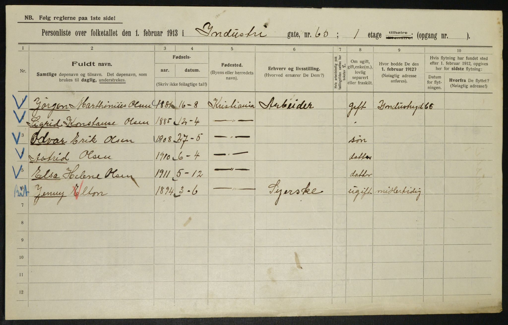 OBA, Municipal Census 1913 for Kristiania, 1913, p. 43537