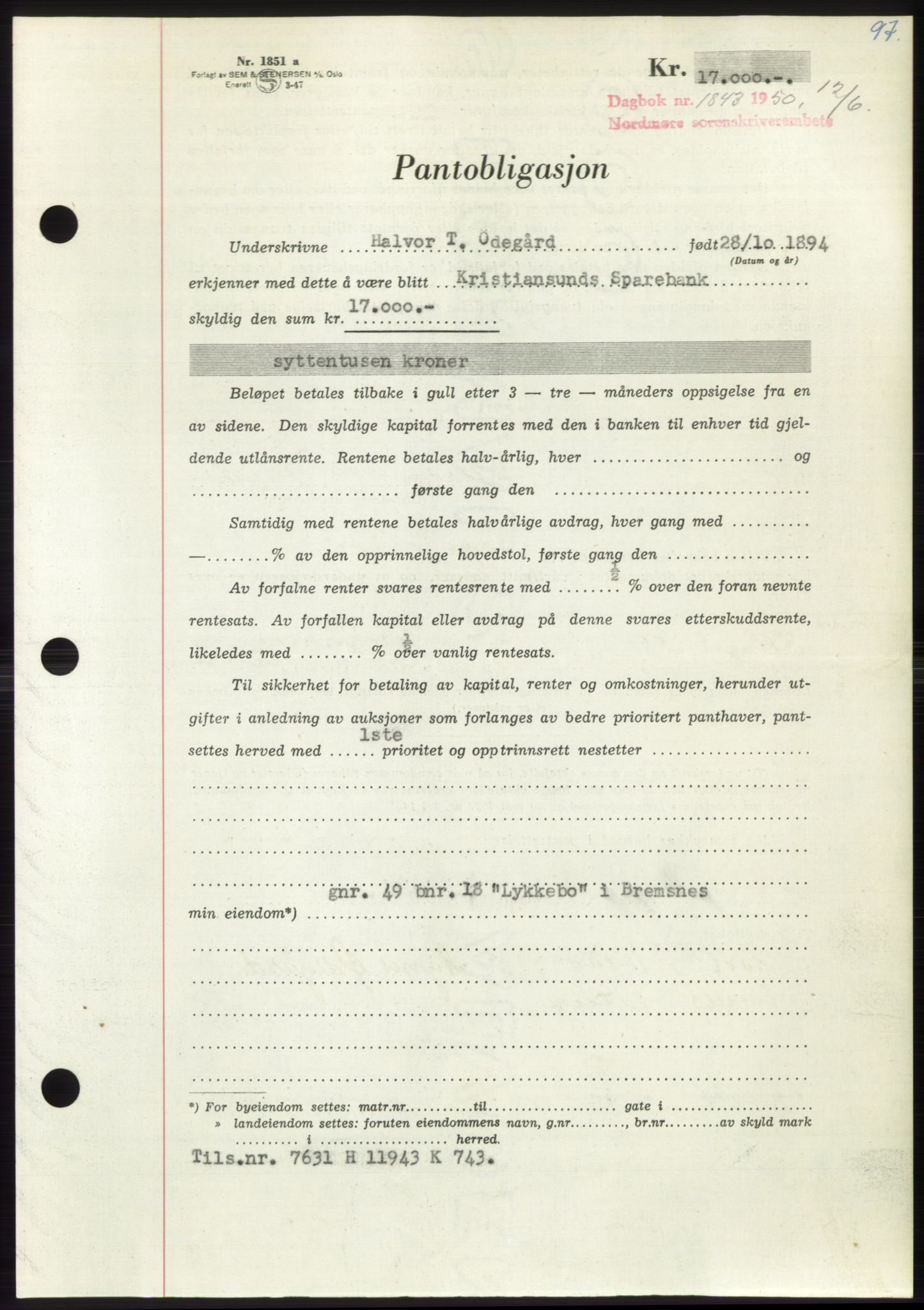 Nordmøre sorenskriveri, AV/SAT-A-4132/1/2/2Ca: Mortgage book no. B105, 1950-1950, Diary no: : 1843/1950