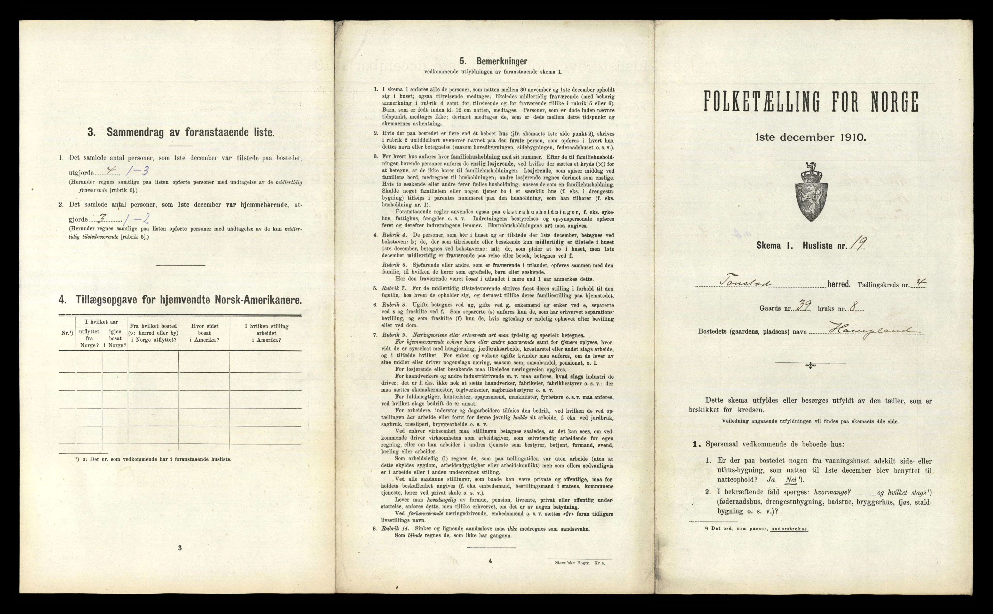 RA, 1910 census for Tonstad, 1910, p. 200