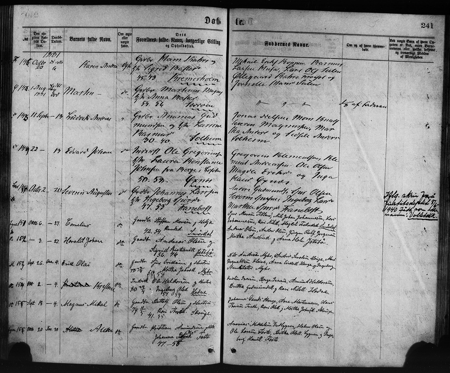 Lindås Sokneprestembete, AV/SAB-A-76701/H/Haa/Haaa/L0018: Parish register (official) no. A 18, 1869-1885, p. 241