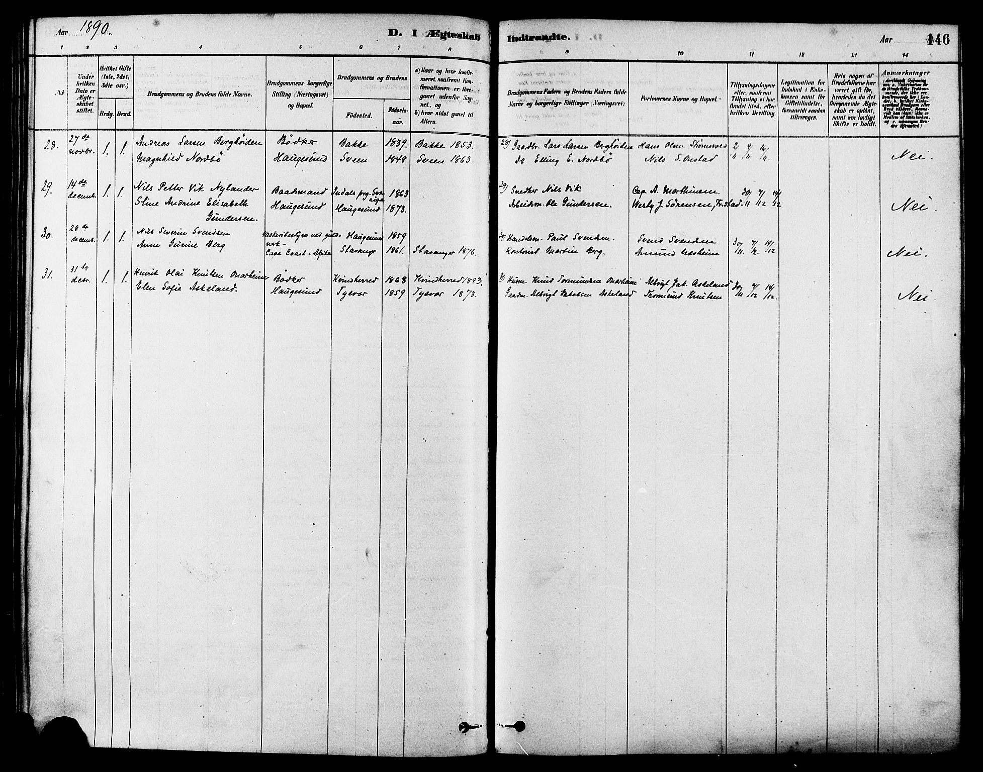 Haugesund sokneprestkontor, AV/SAST-A -101863/H/Ha/Haa/L0003: Parish register (official) no. A 3, 1885-1890, p. 146