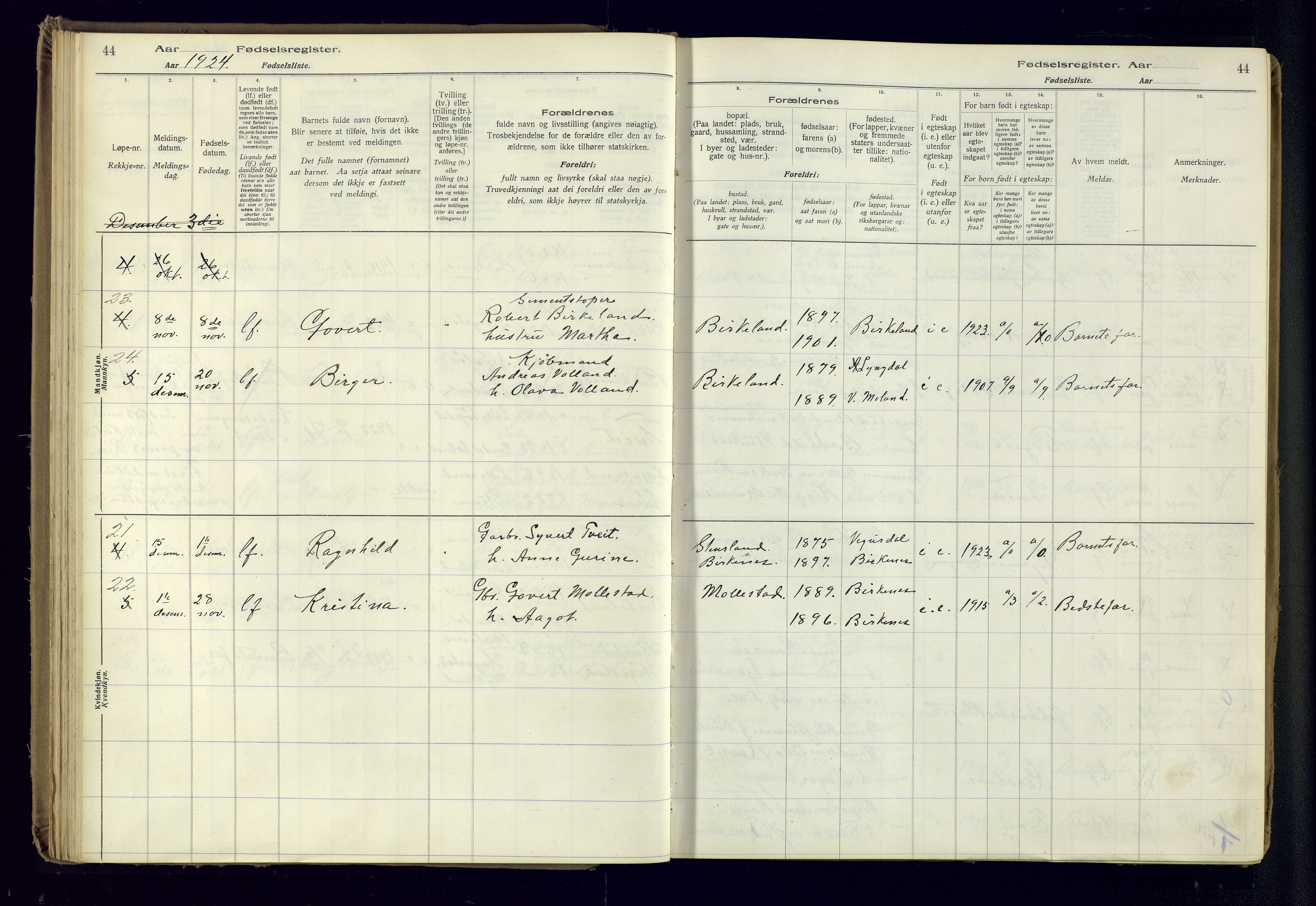 Birkenes sokneprestkontor, AV/SAK-1111-0004/J/Ja/L0001: Birth register no. II.6.4, 1916-1962, p. 44