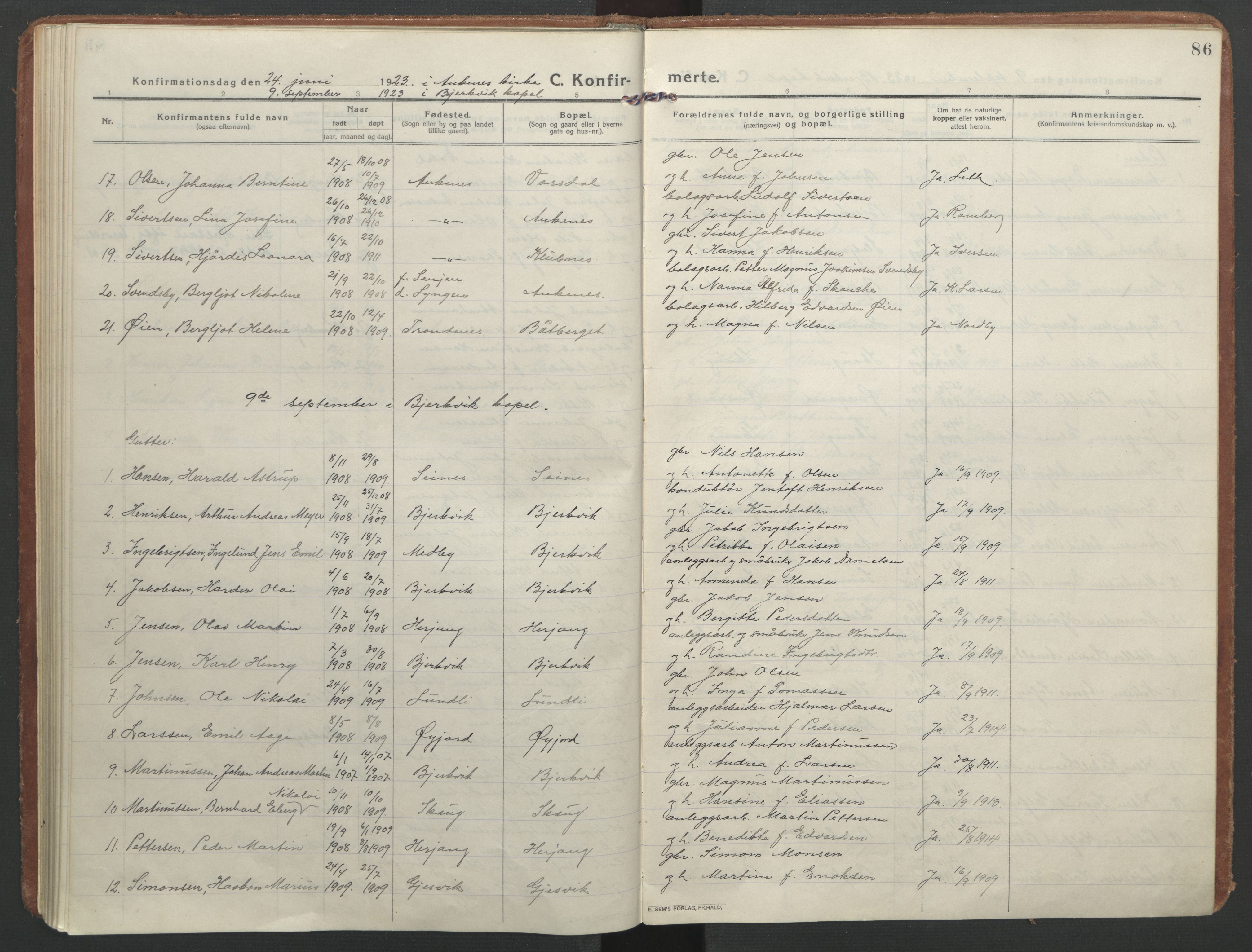 Ministerialprotokoller, klokkerbøker og fødselsregistre - Nordland, AV/SAT-A-1459/866/L0944: Parish register (official) no. 866A07, 1906-1926, p. 86