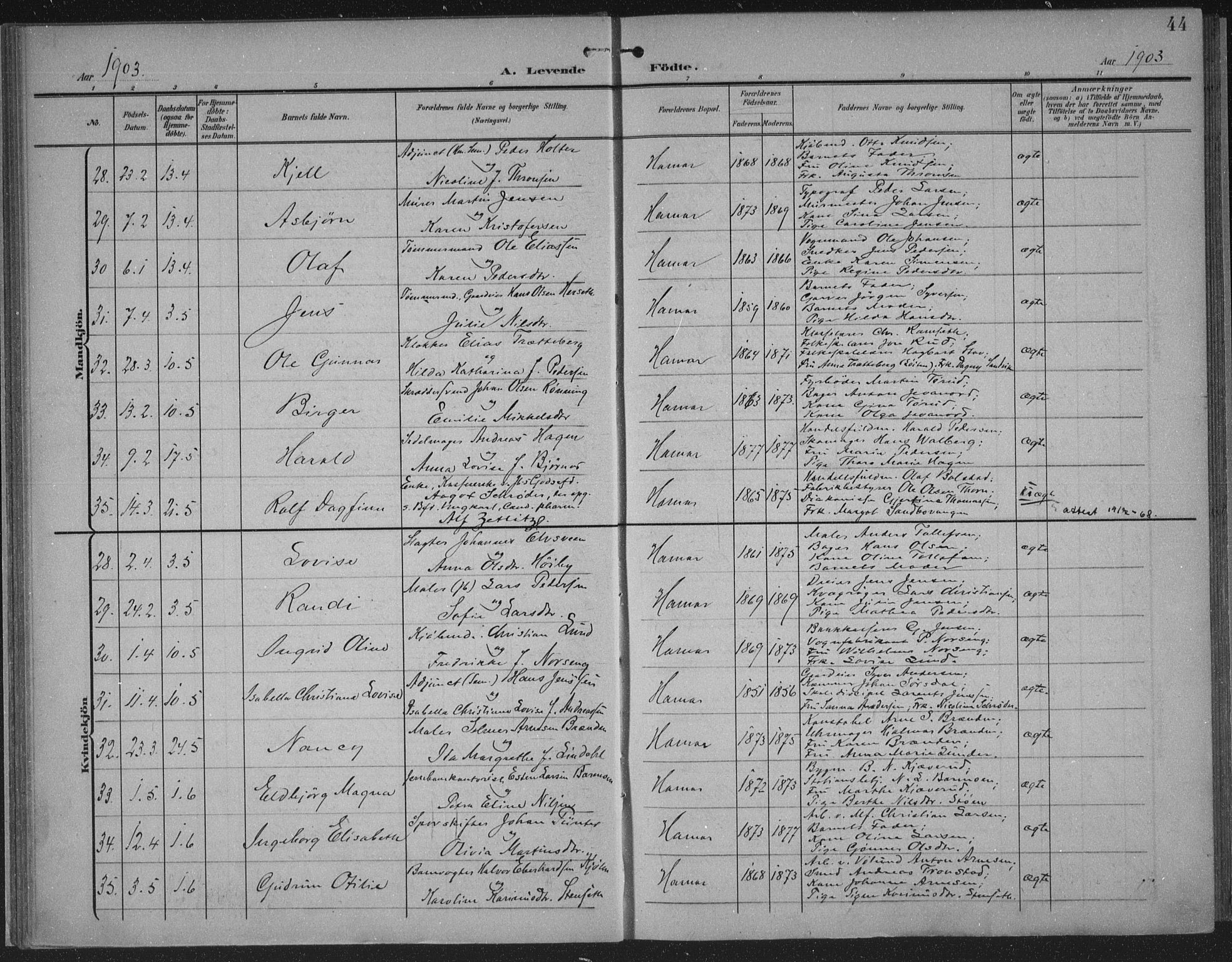 Hamar prestekontor, AV/SAH-DOMPH-002/H/Ha/Haa/L0001: Parish register (official) no. 1, 1900-1914, p. 44