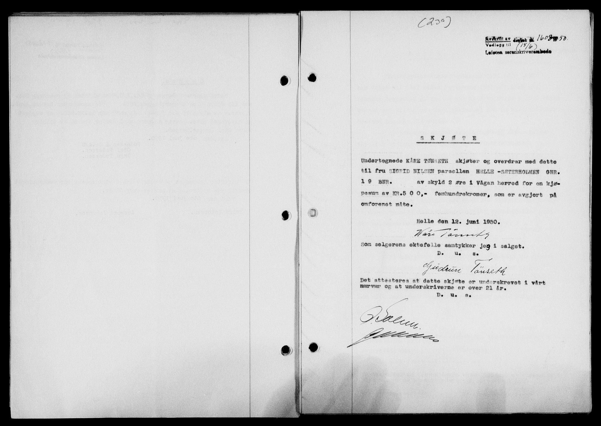 Lofoten sorenskriveri, SAT/A-0017/1/2/2C/L0023a: Mortgage book no. 23a, 1950-1950, Diary no: : 1603/1950