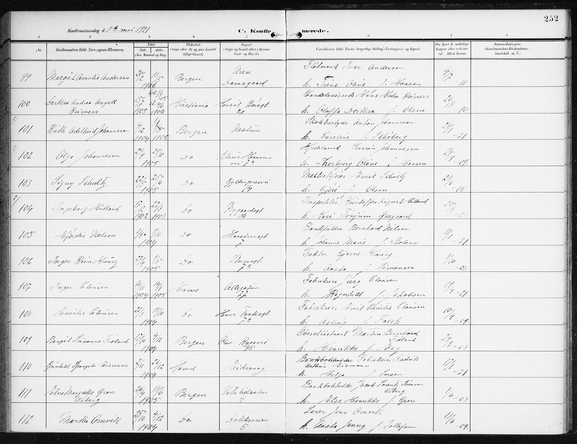 Johanneskirken sokneprestembete, AV/SAB-A-76001/H/Haa/L0009: Parish register (official) no. C 2, 1907-1924, p. 252