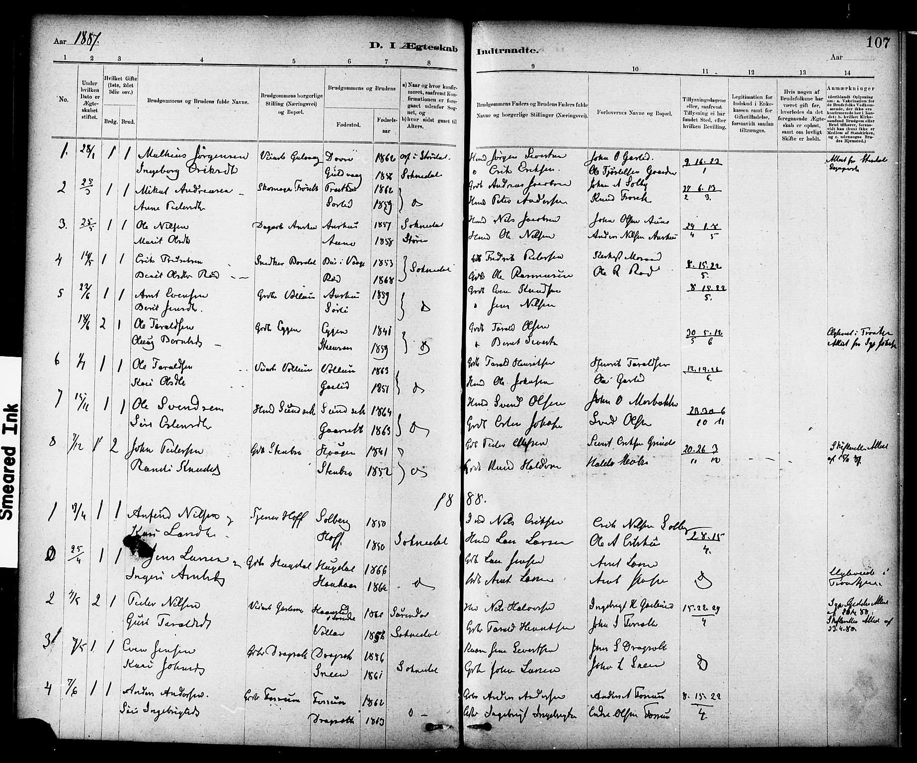 Ministerialprotokoller, klokkerbøker og fødselsregistre - Sør-Trøndelag, SAT/A-1456/689/L1040: Parish register (official) no. 689A05, 1878-1890, p. 107