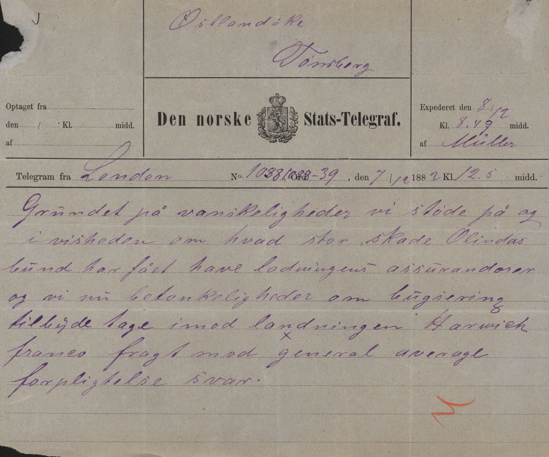 Pa 63 - Østlandske skibsassuranceforening, VEMU/A-1079/G/Ga/L0014/0009: Havaridokumenter / Peter, Olinda, Prinds Chr. August, Poseidon, 1882, p. 31