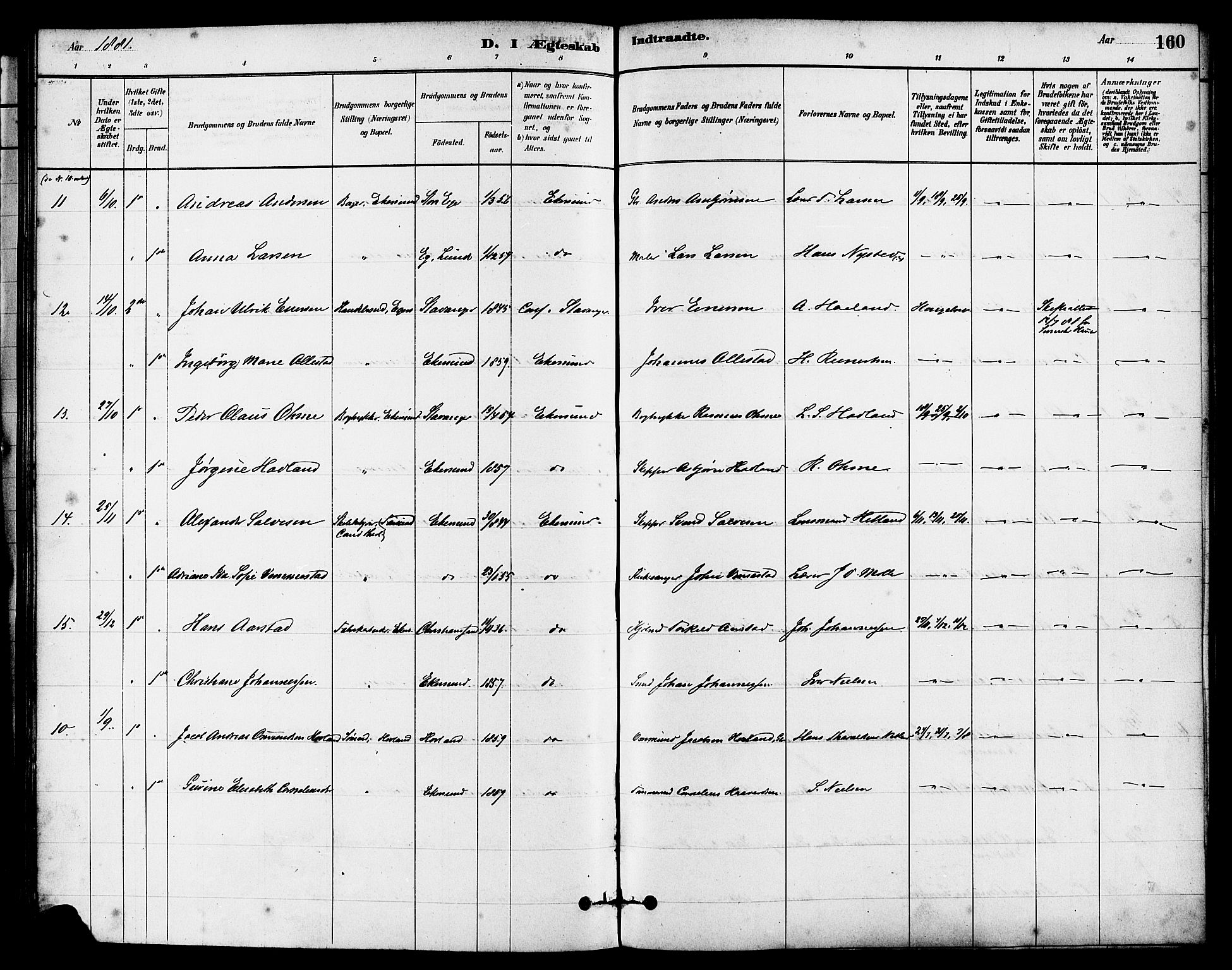 Eigersund sokneprestkontor, AV/SAST-A-101807/S08/L0015: Parish register (official) no. A 15, 1879-1892, p. 160