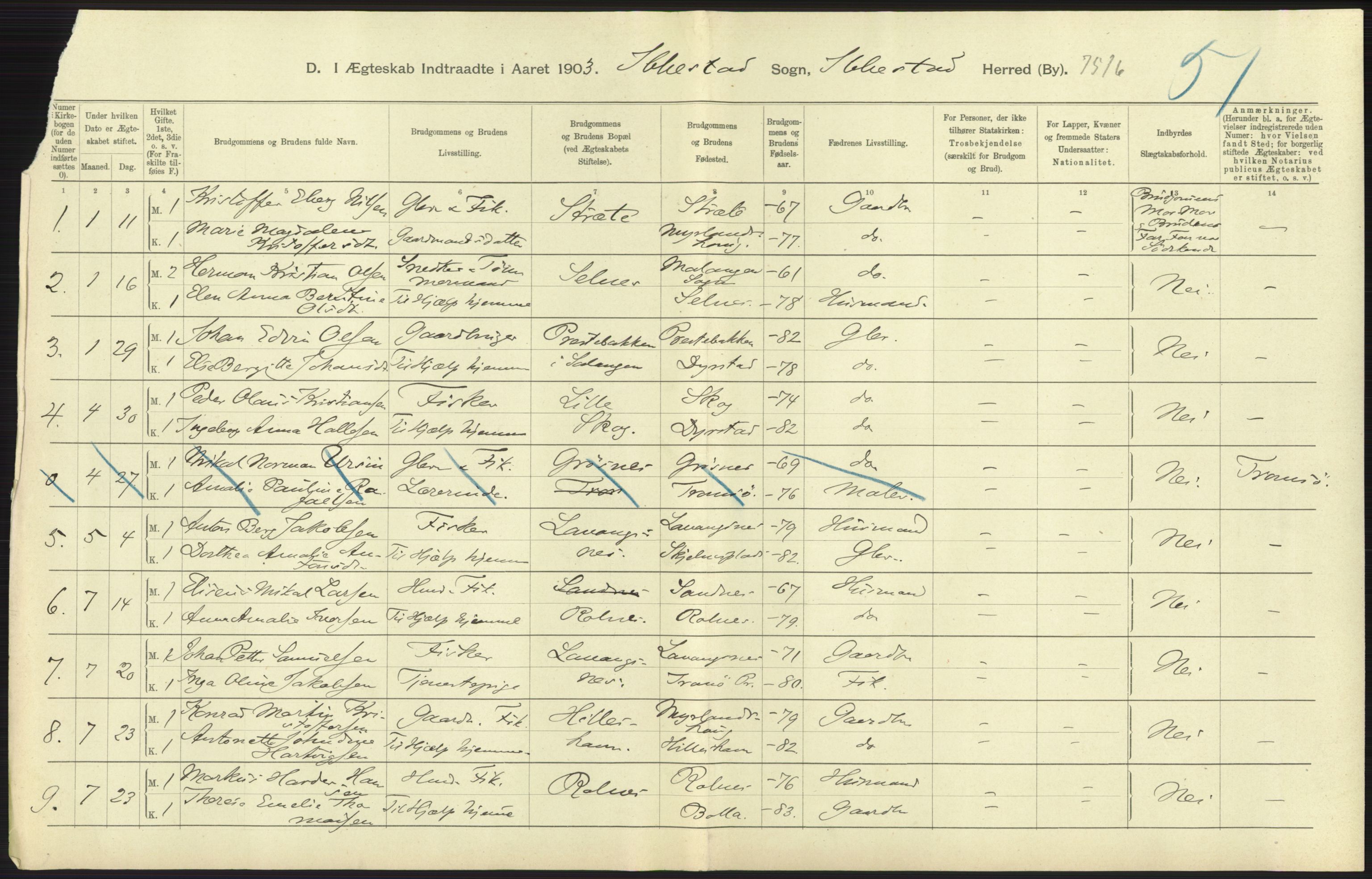 Statistisk sentralbyrå, Sosiodemografiske emner, Befolkning, AV/RA-S-2228/D/Df/Dfa/Dfaa/L0021: Tromsø amt: Fødte, gifte, døde., 1903, p. 349