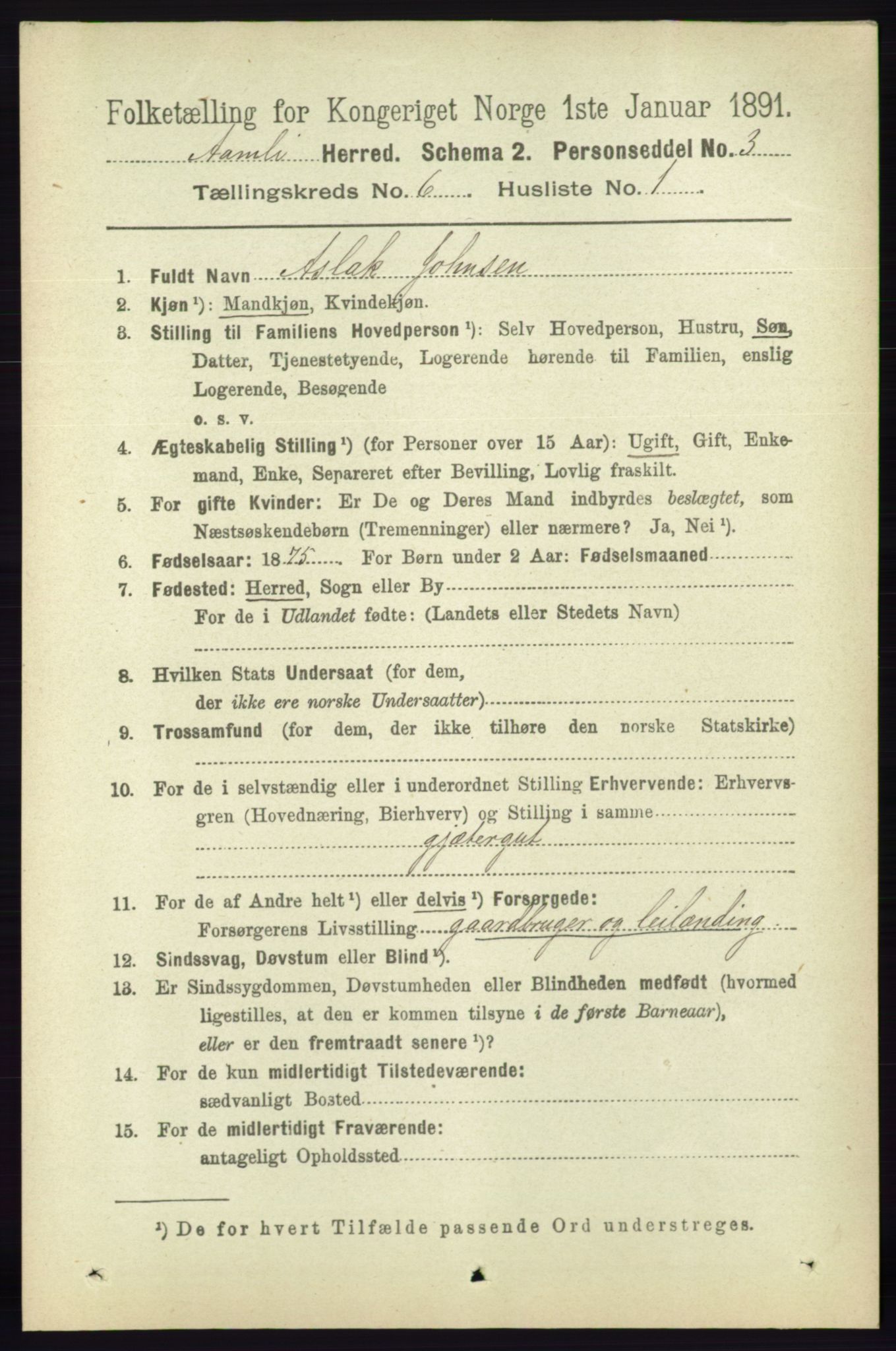 RA, 1891 census for 0929 Åmli, 1891, p. 870