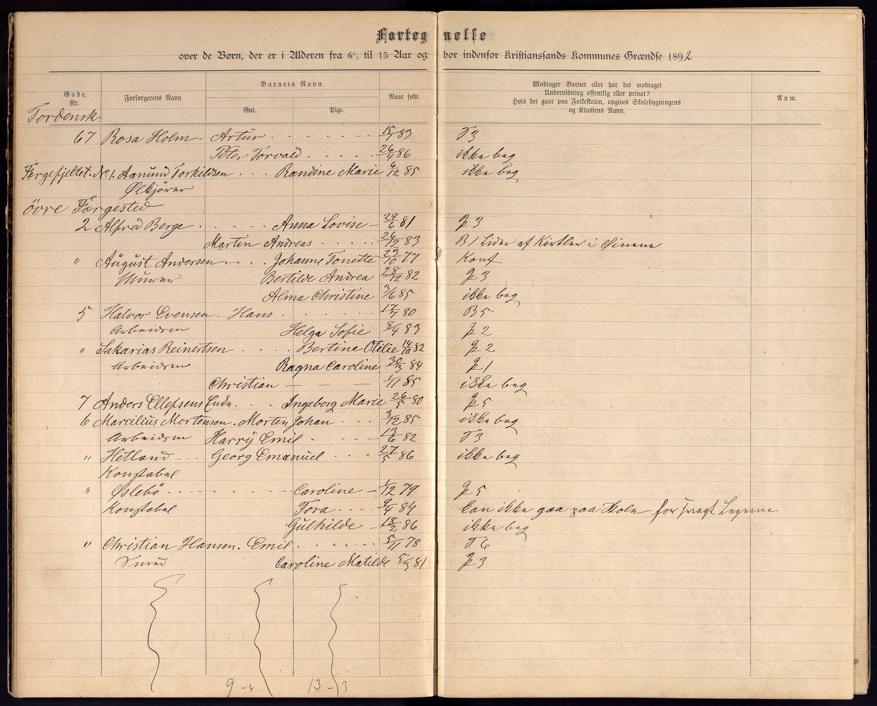 Kristiansand By - Skolekommisjonen/ -Styret, ARKSOR/1001KG510/J/Jb/L0002: Barnetelling, 1892