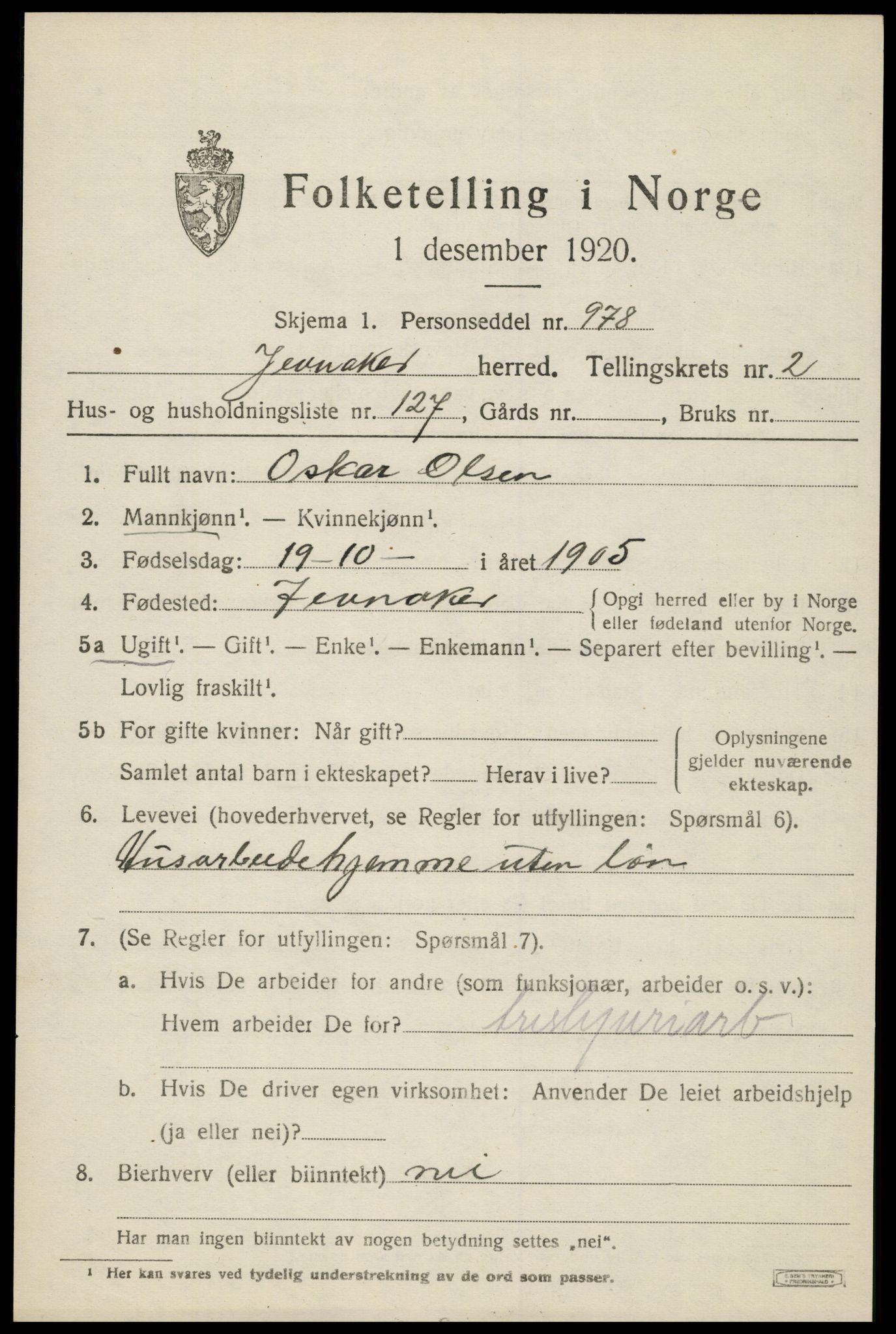 SAH, 1920 census for Jevnaker, 1920, p. 3355