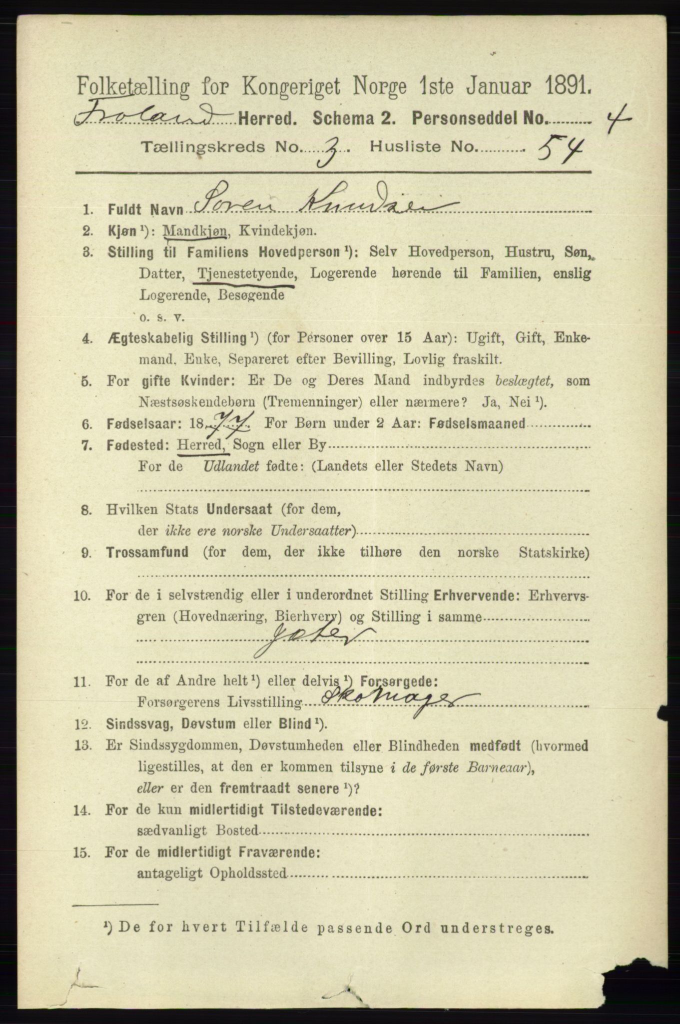 RA, 1891 census for 0919 Froland, 1891, p. 1328