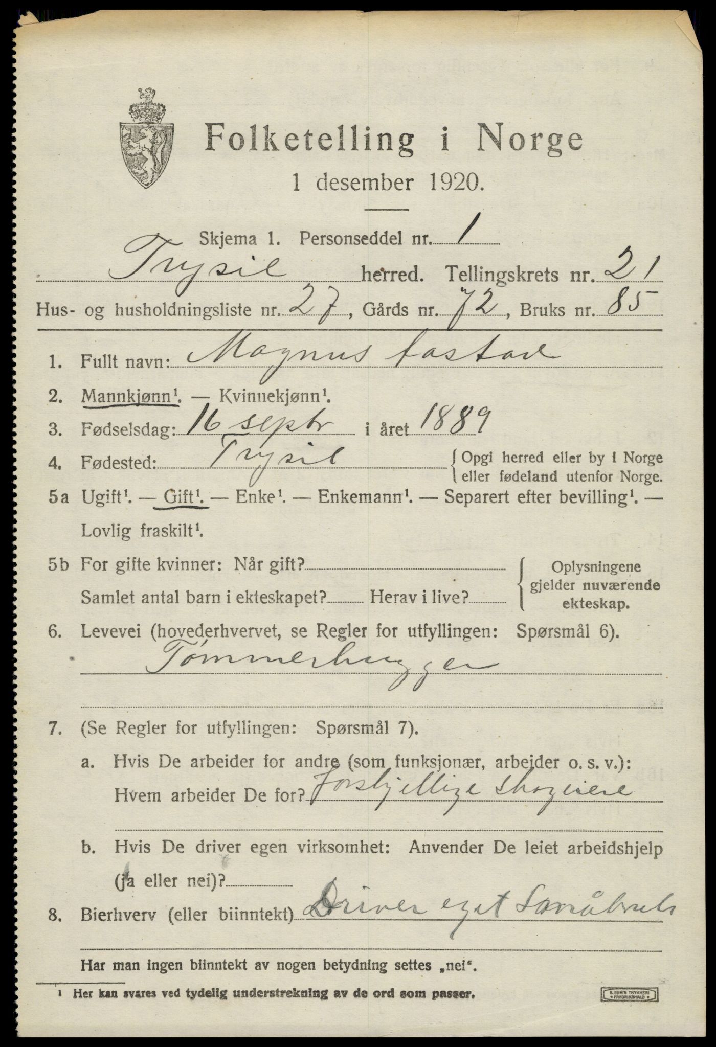 SAH, 1920 census for Trysil, 1920, p. 14089