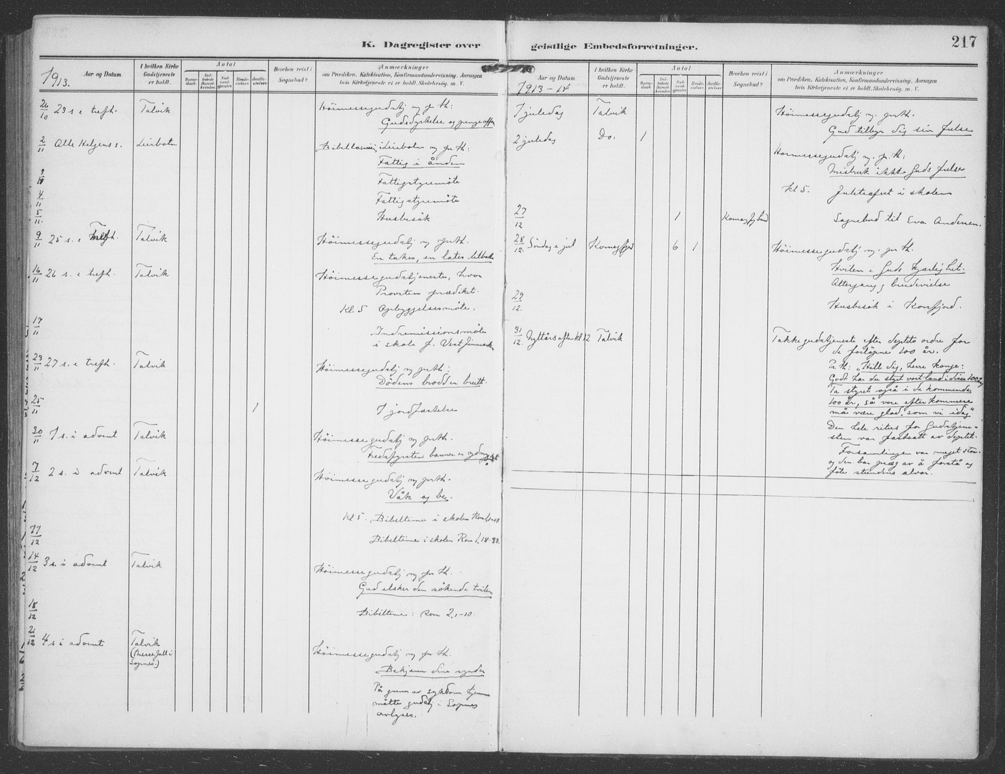 Talvik sokneprestkontor, AV/SATØ-S-1337/H/Ha/L0017kirke: Parish register (official) no. 17, 1906-1915, p. 217