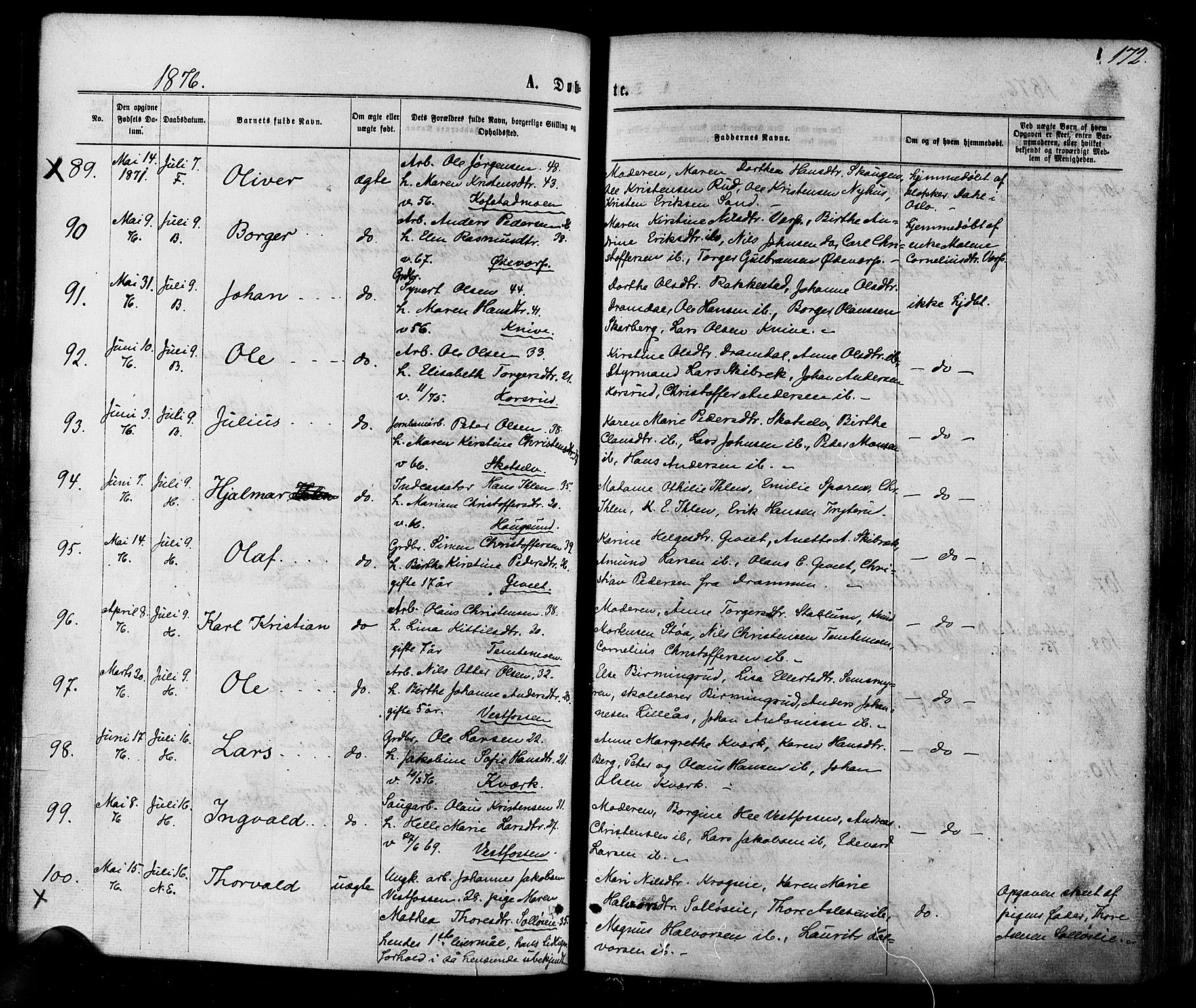 Eiker kirkebøker, AV/SAKO-A-4/F/Fa/L0017: Parish register (official) no. I 17, 1869-1877, p. 172