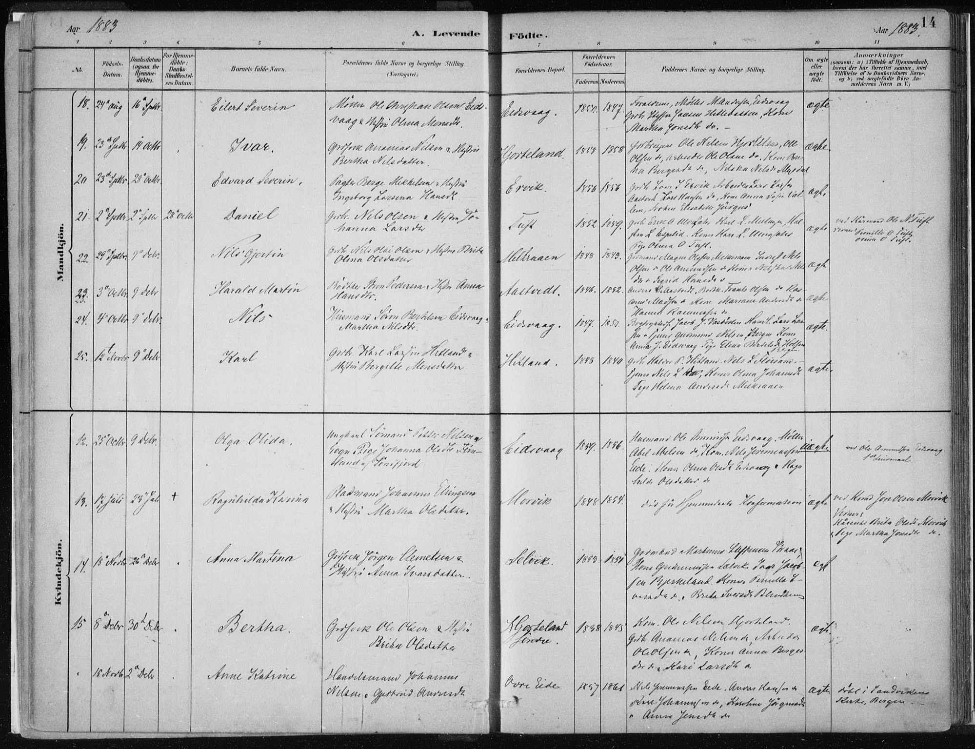 Hamre sokneprestembete, AV/SAB-A-75501/H/Ha/Haa/Haad/L0001: Parish register (official) no. D  1, 1882-1906, p. 14