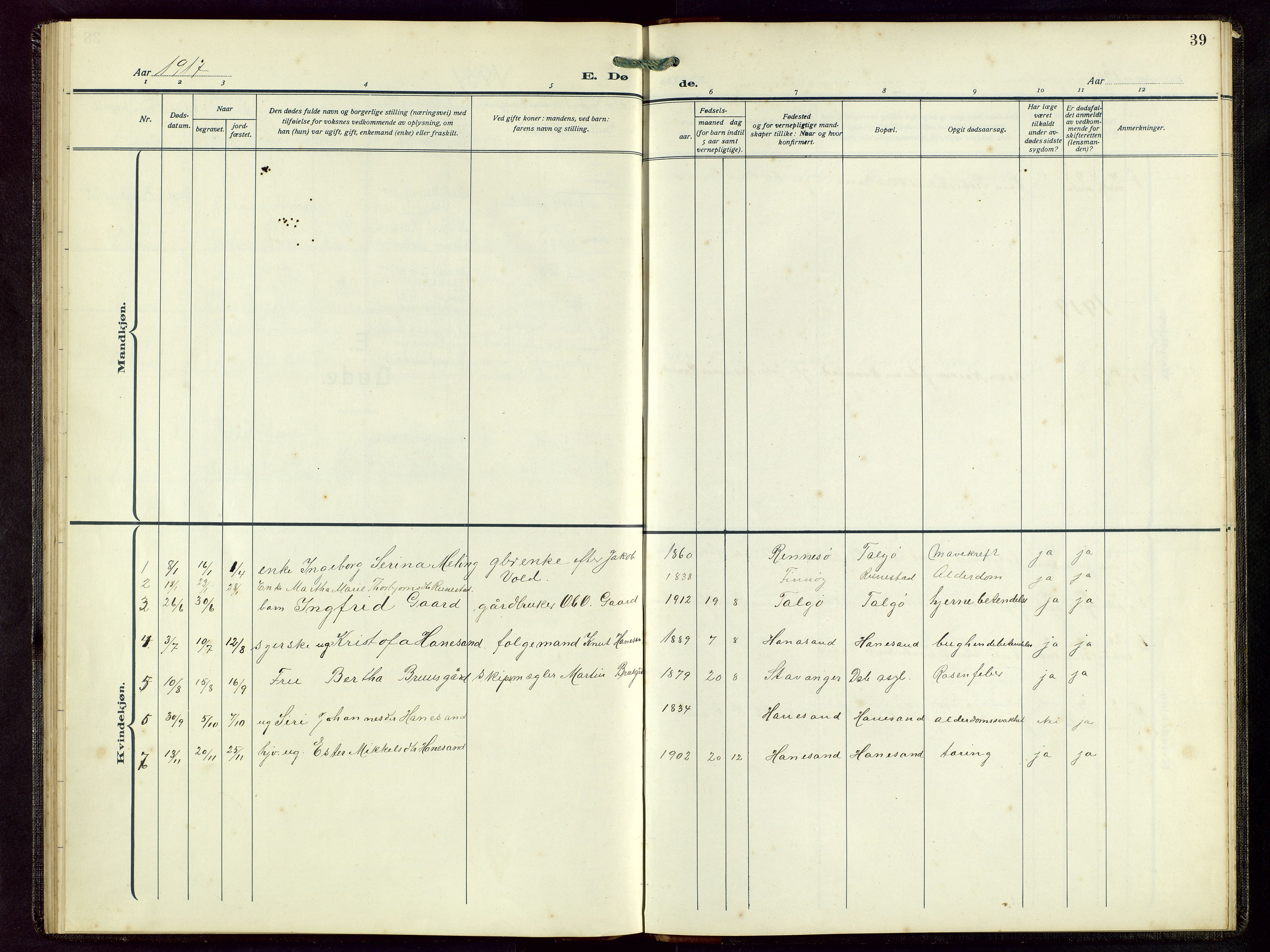 Finnøy sokneprestkontor, AV/SAST-A-101825/H/Ha/Hab/L0007: Parish register (copy) no. B 7, 1917-1954, p. 39