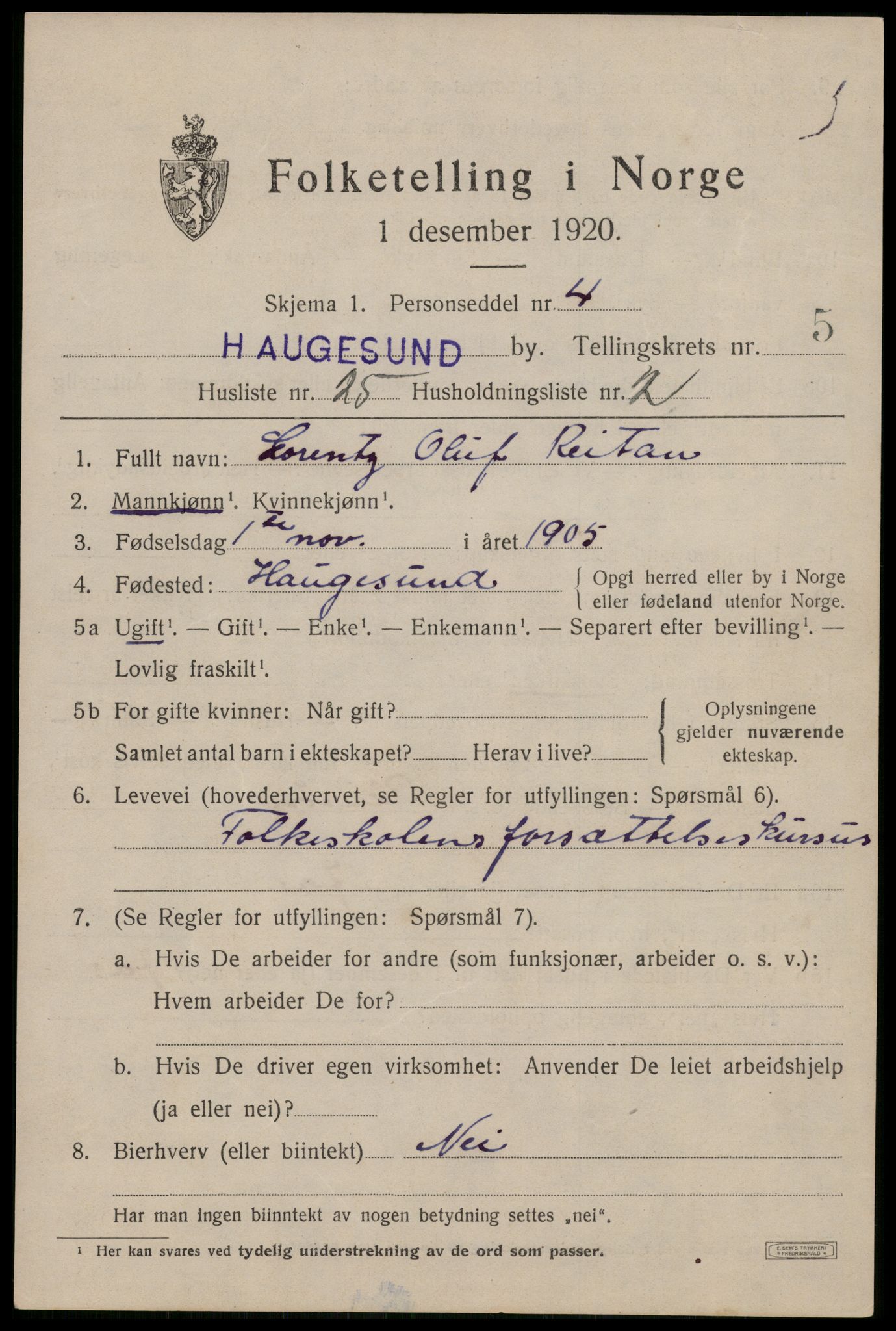 SAST, 1920 census for Haugesund, 1920, p. 17913