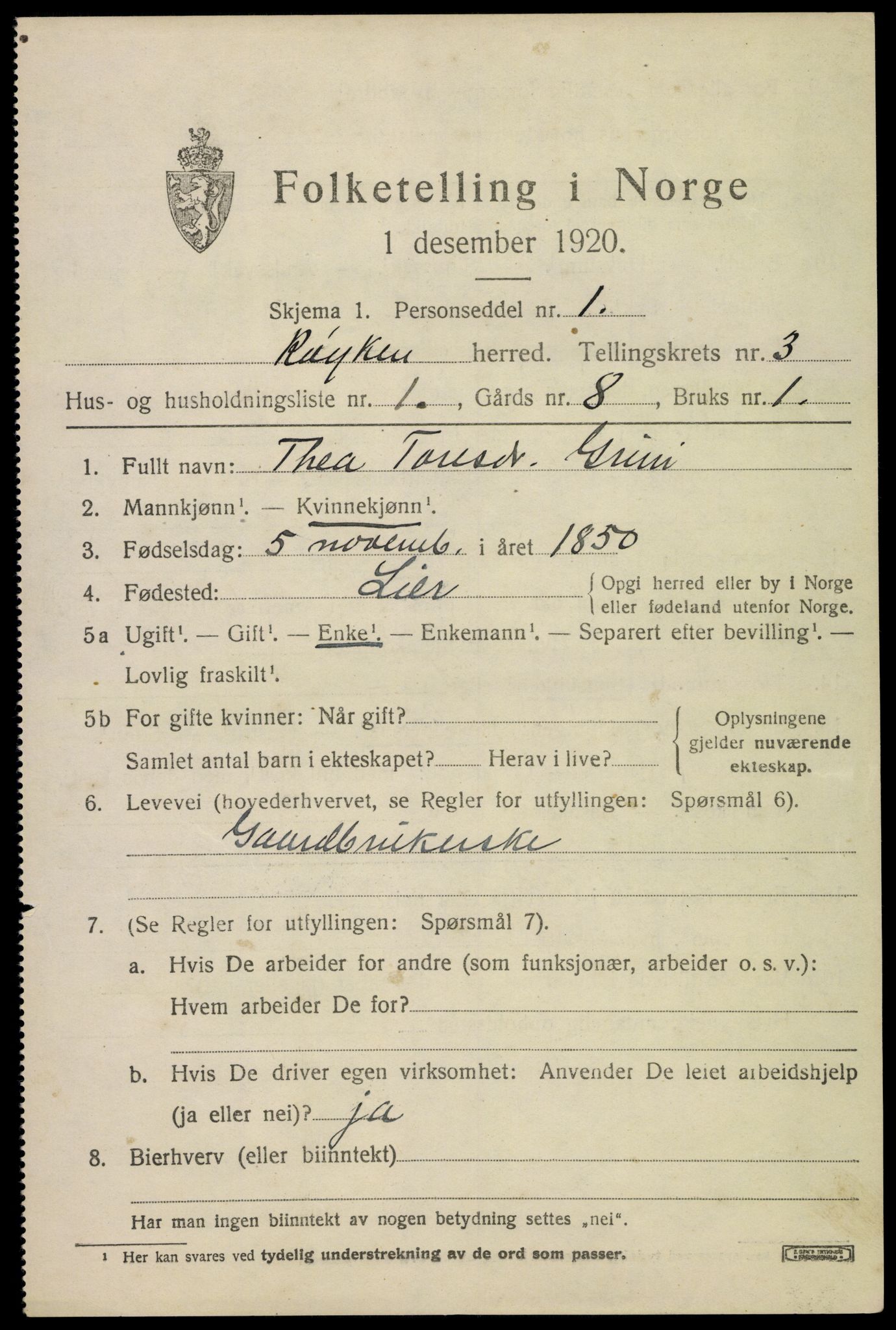SAKO, 1920 census for Røyken, 1920, p. 4078