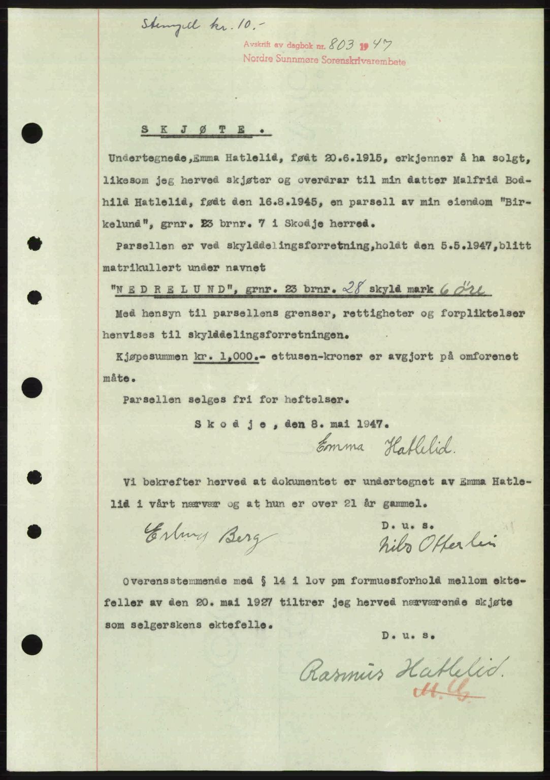 Nordre Sunnmøre sorenskriveri, AV/SAT-A-0006/1/2/2C/2Ca: Mortgage book no. A24, 1947-1947, Diary no: : 803/1947