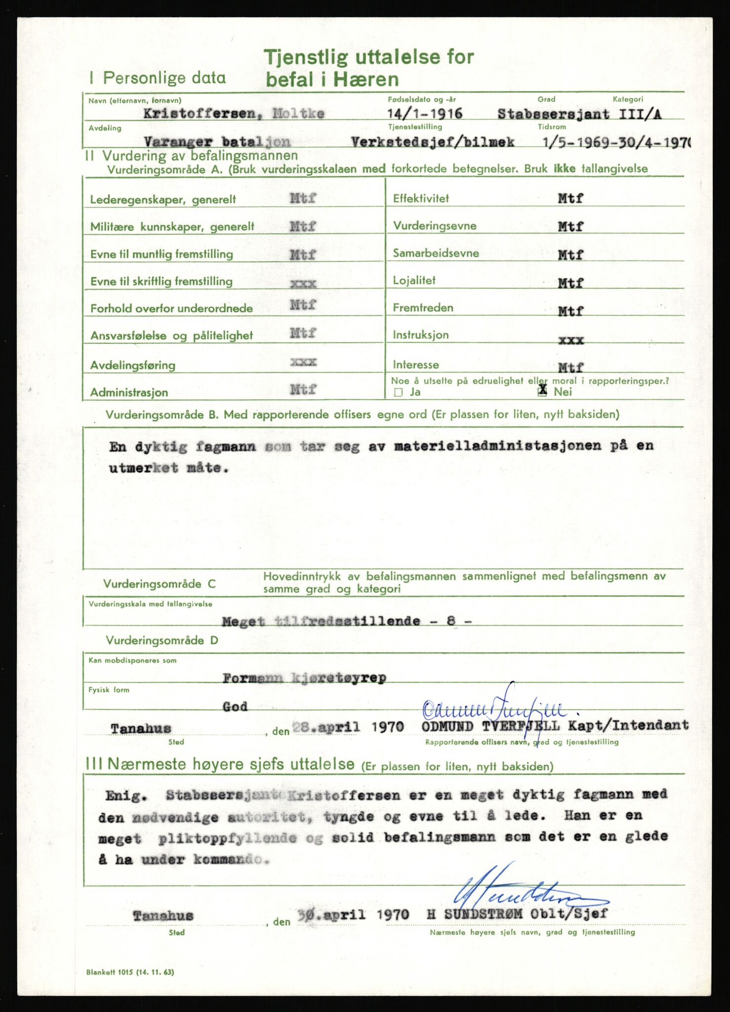 Forsvaret, Varanger bataljon, AV/RA-RAFA-2258/1/D/L0456: Rulleblad og tjenesteuttalelser for befal født 1916-1919 og 1921-1923, 1916-1923, p. 65