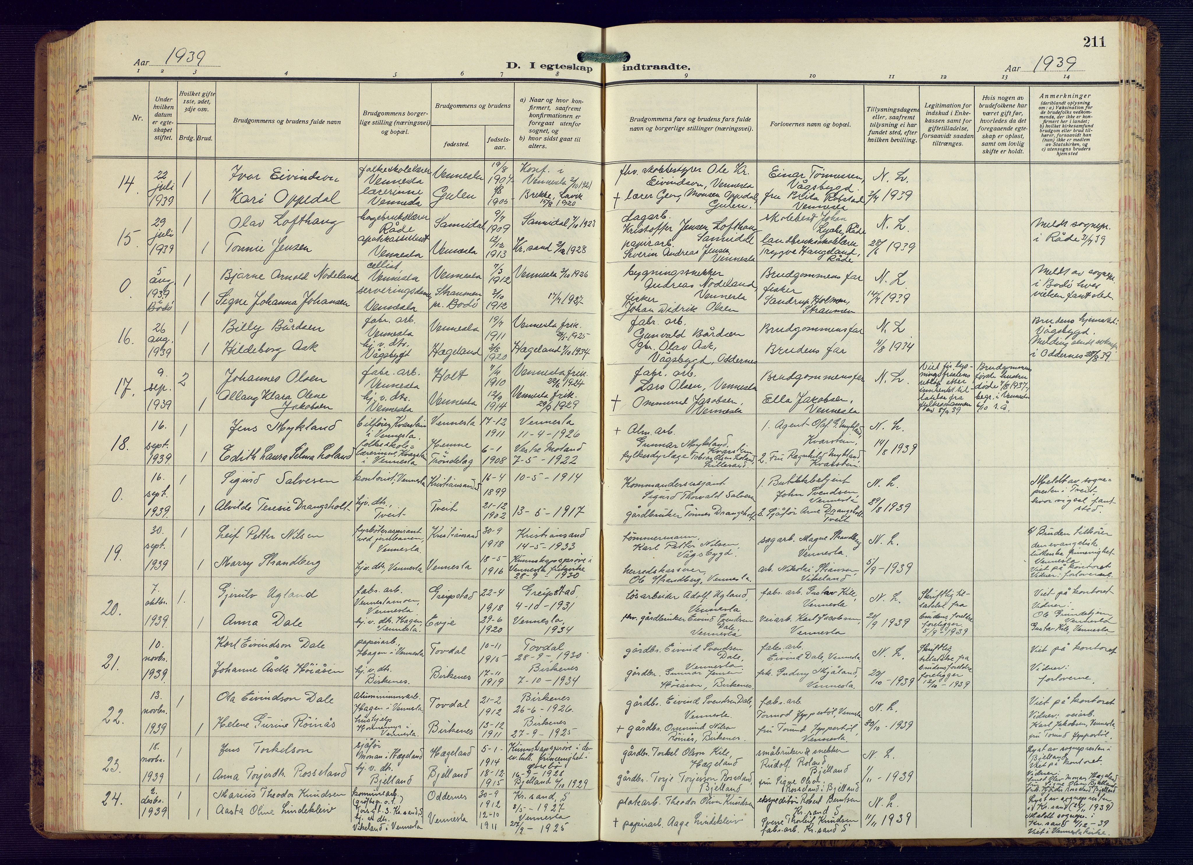 Vennesla sokneprestkontor, AV/SAK-1111-0045/Fb/Fbb/L0008: Parish register (copy) no. B 8, 1934-1947, p. 211