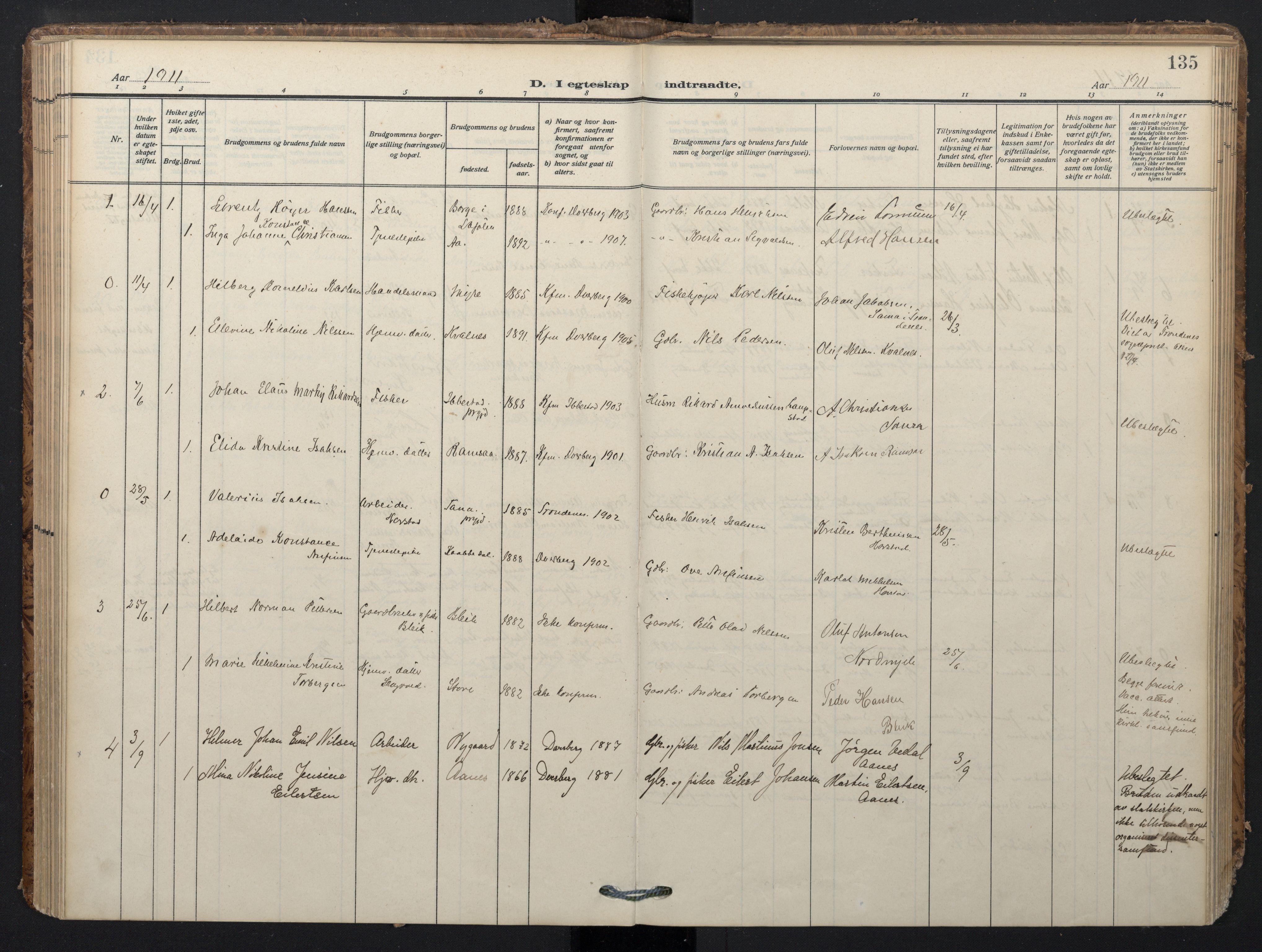 Ministerialprotokoller, klokkerbøker og fødselsregistre - Nordland, SAT/A-1459/897/L1401: Parish register (official) no. 897A08, 1909-1921, p. 135