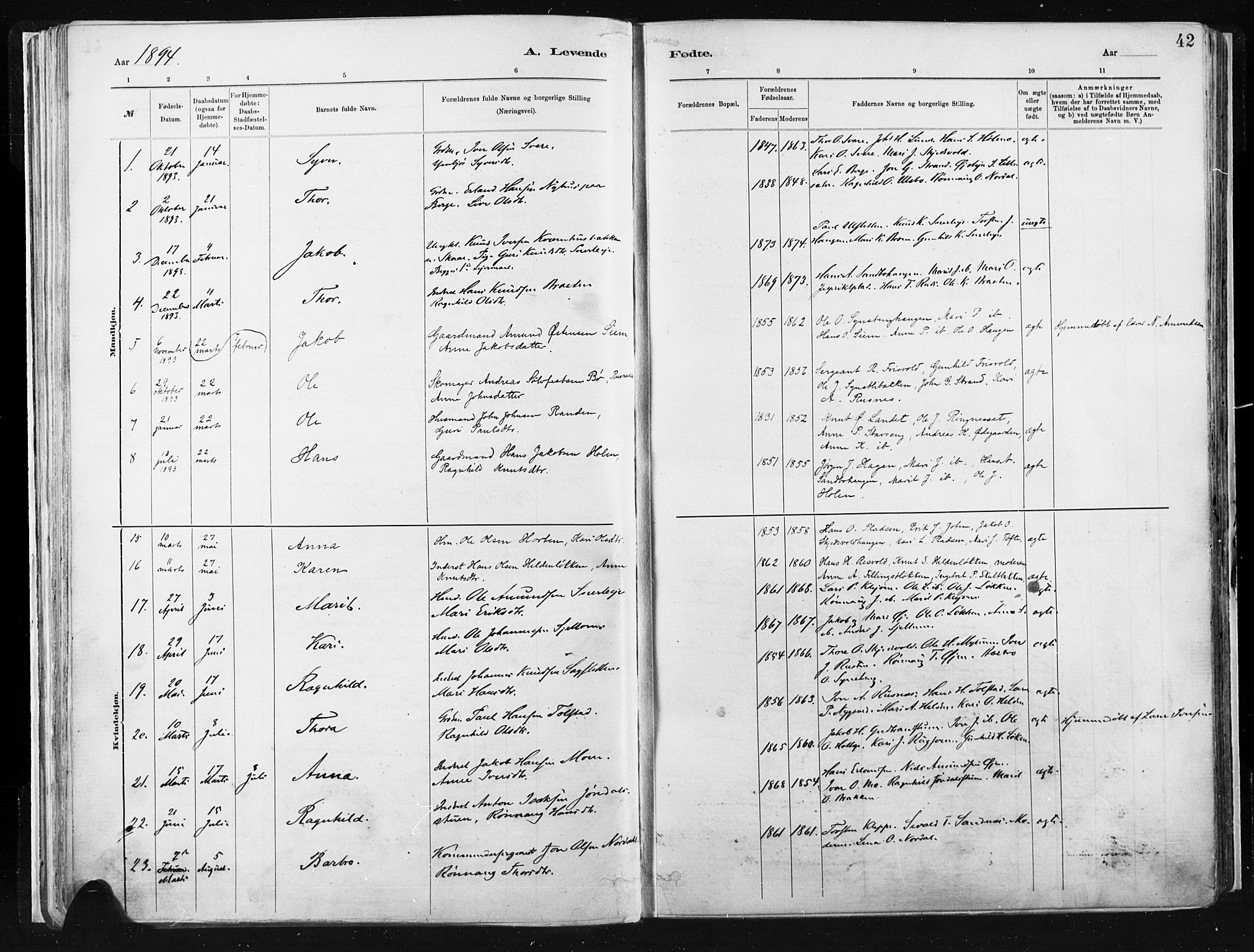 Vågå prestekontor, AV/SAH-PREST-076/H/Ha/Haa/L0009: Parish register (official) no. 9, 1886-1904, p. 42