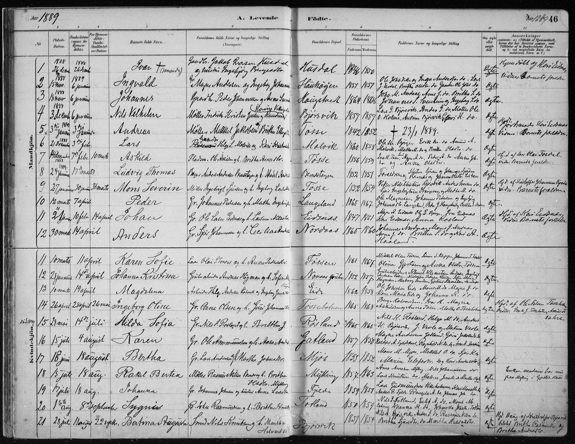 Hosanger sokneprestembete, AV/SAB-A-75801/H/Haa: Parish register (official) no. B  1, 1880-1896, p. 46