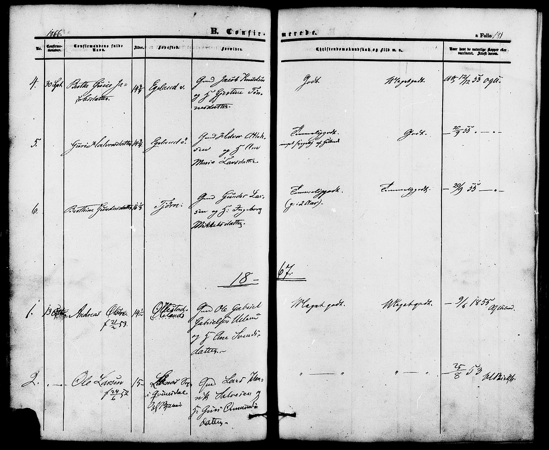 Lund sokneprestkontor, AV/SAST-A-101809/S06/L0010: Parish register (official) no. A 9, 1854-1886, p. 181