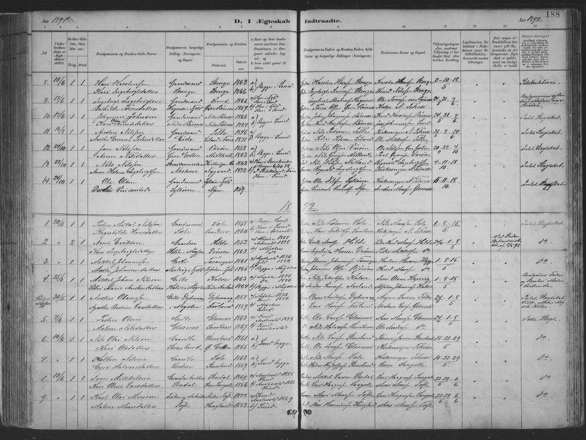 Sund sokneprestembete, SAB/A-99930: Parish register (copy) no. B 3, 1882-1911, p. 188