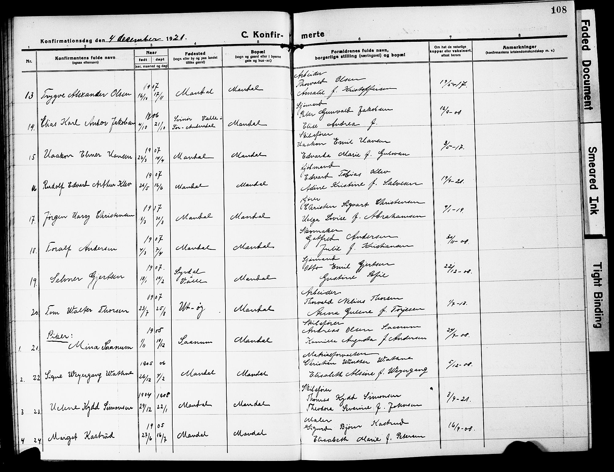 Mandal sokneprestkontor, SAK/1111-0030/F/Fb/Fbc/L0001: Parish register (copy) no. B 1, 1918-1931, p. 108