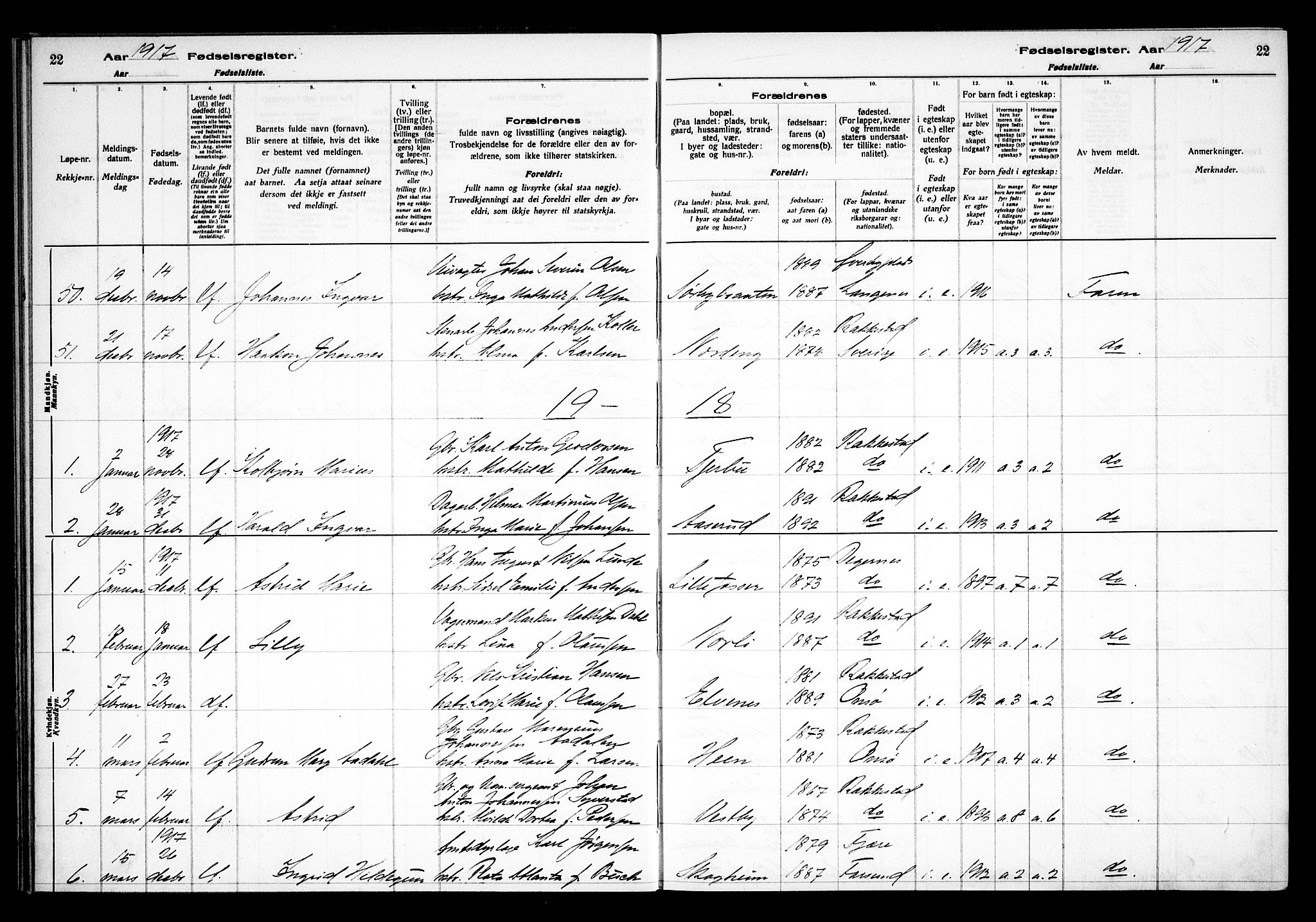 Rakkestad prestekontor Kirkebøker, AV/SAO-A-2008/J/Ja/L0001: Birth register no. I 1, 1916-1936, p. 22