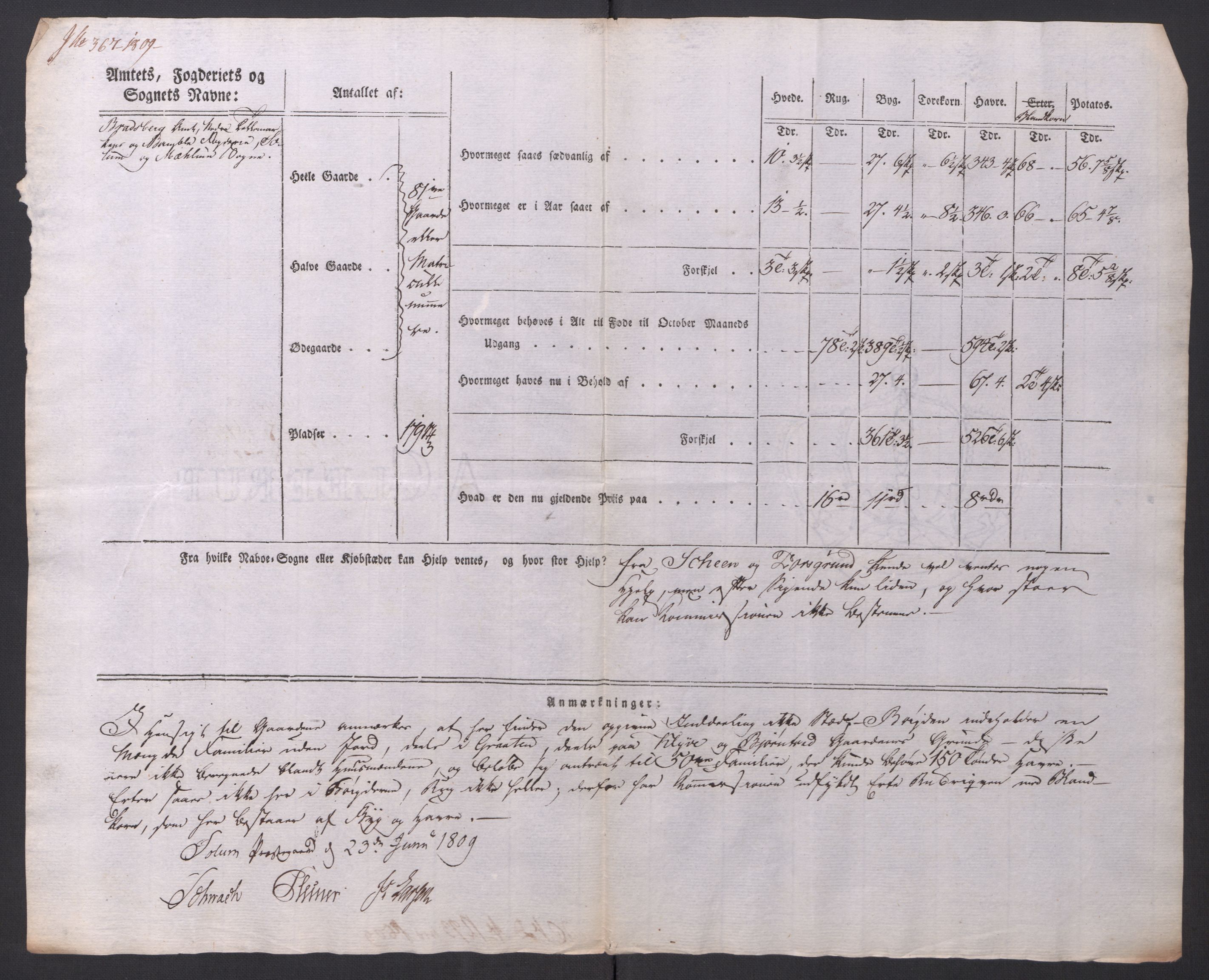 Regjeringskommisjonen 1807-1810, 1. kontor/byrå, AV/RA-EA-2871/Dd/L0014: Kornavl: De utfyldte skjemaer fra sognekommisjonene i Kristiania og Kristiansand stift, 1809, p. 295