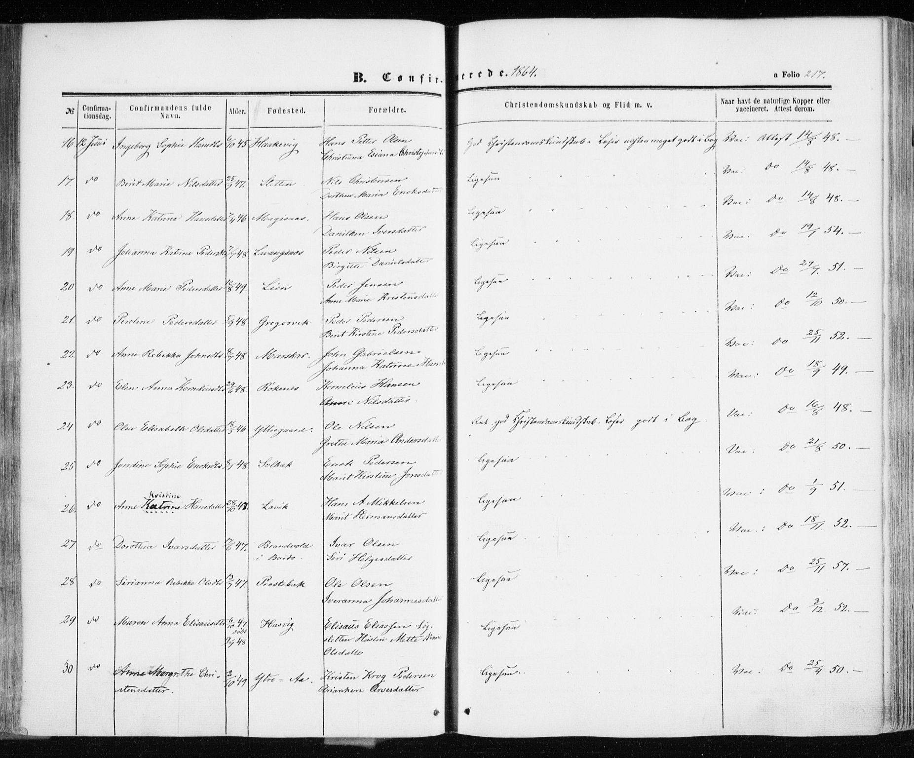 Ibestad sokneprestembete, AV/SATØ-S-0077/H/Ha/Haa/L0009kirke: Parish register (official) no. 9, 1859-1868, p. 217