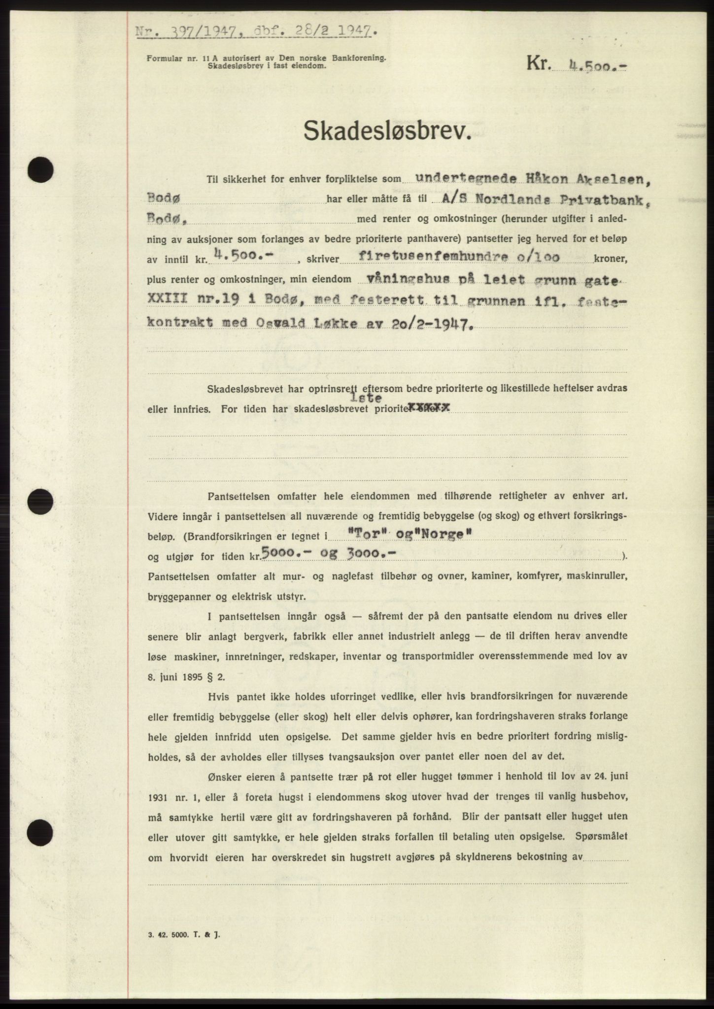 Salten sorenskriveri, AV/SAT-A-4578/1/2/2C: Mortgage book no. B11-12, 1947-1947, Diary no: : 397/1947