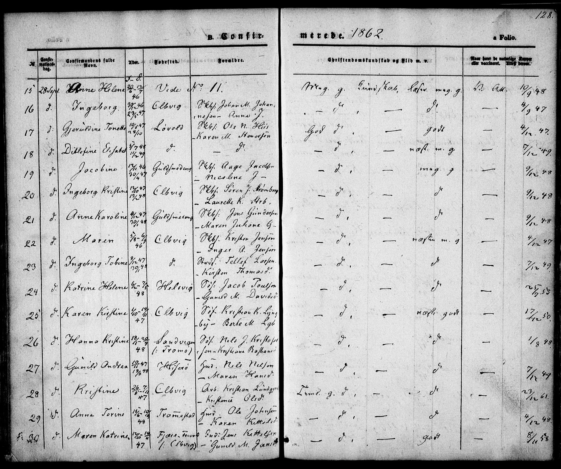 Hisøy sokneprestkontor, AV/SAK-1111-0020/F/Fa/L0001: Parish register (official) no. A 1, 1849-1871, p. 128