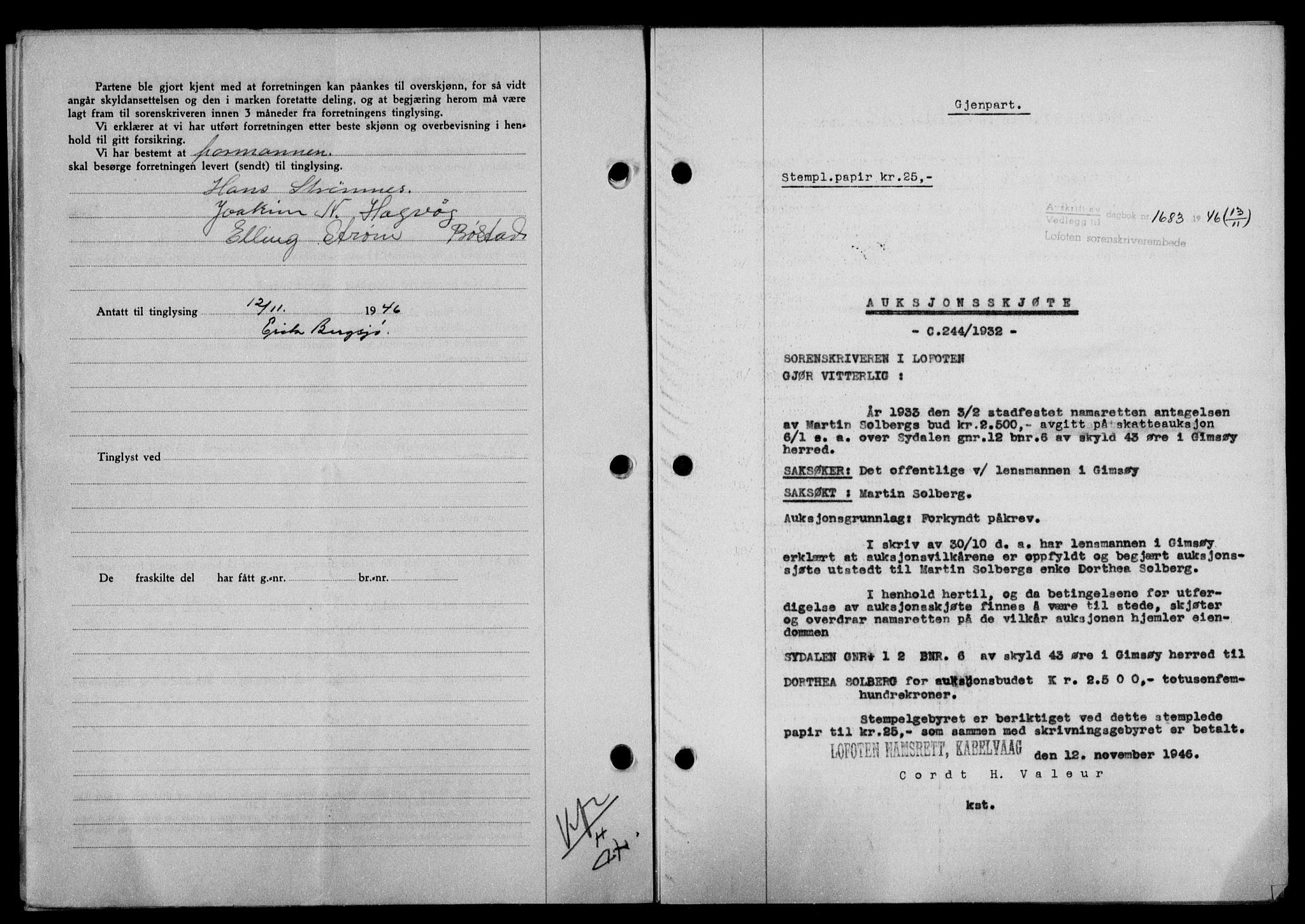 Lofoten sorenskriveri, SAT/A-0017/1/2/2C/L0015a: Mortgage book no. 15a, 1946-1947, Diary no: : 1683/1946